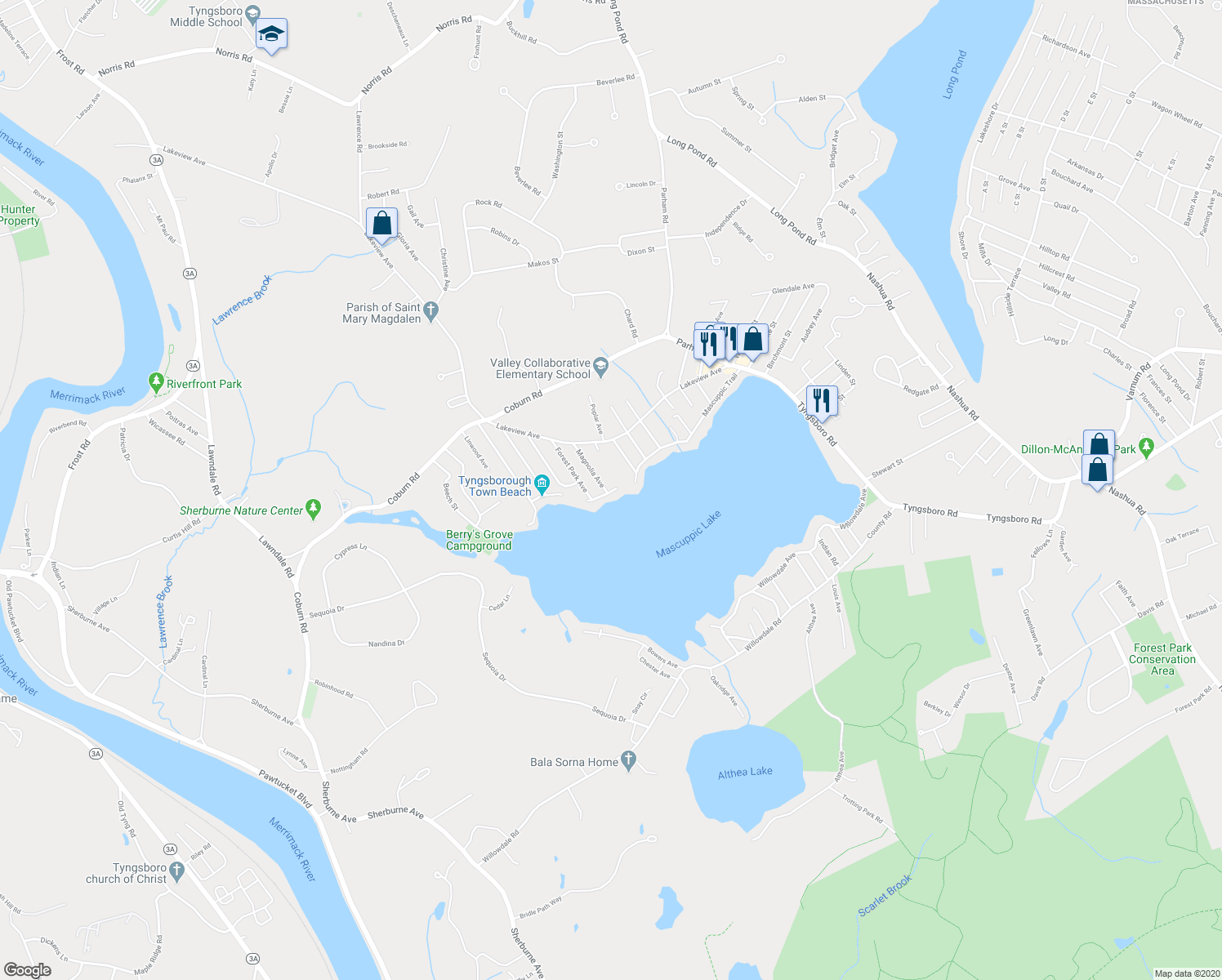map of restaurants, bars, coffee shops, grocery stores, and more near 46 Mascuppic Trail in Tyngsborough