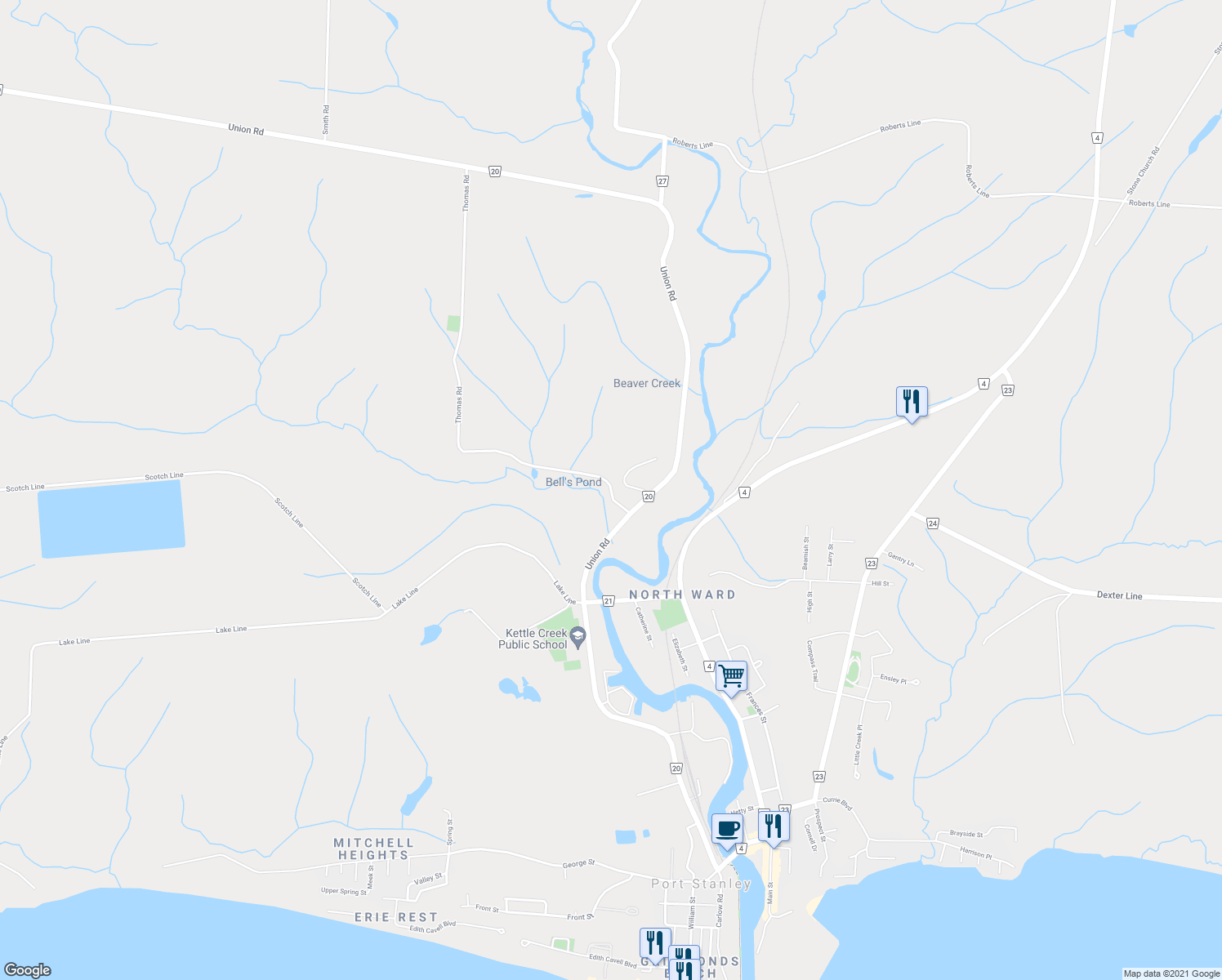 map of restaurants, bars, coffee shops, grocery stores, and more near 4053 Thomas Road in Port Stanley