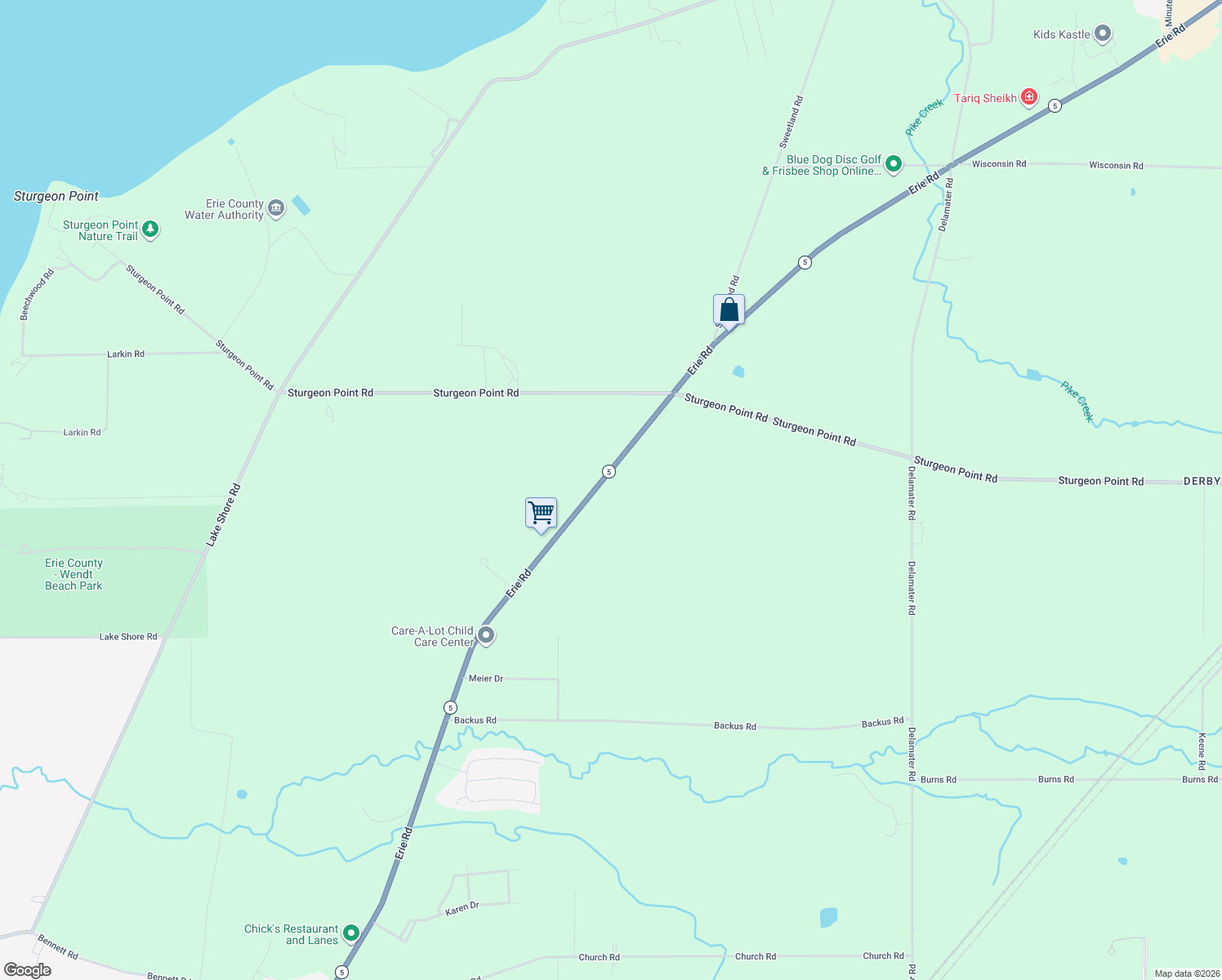 map of restaurants, bars, coffee shops, grocery stores, and more near 7579 Erie Road in Derby