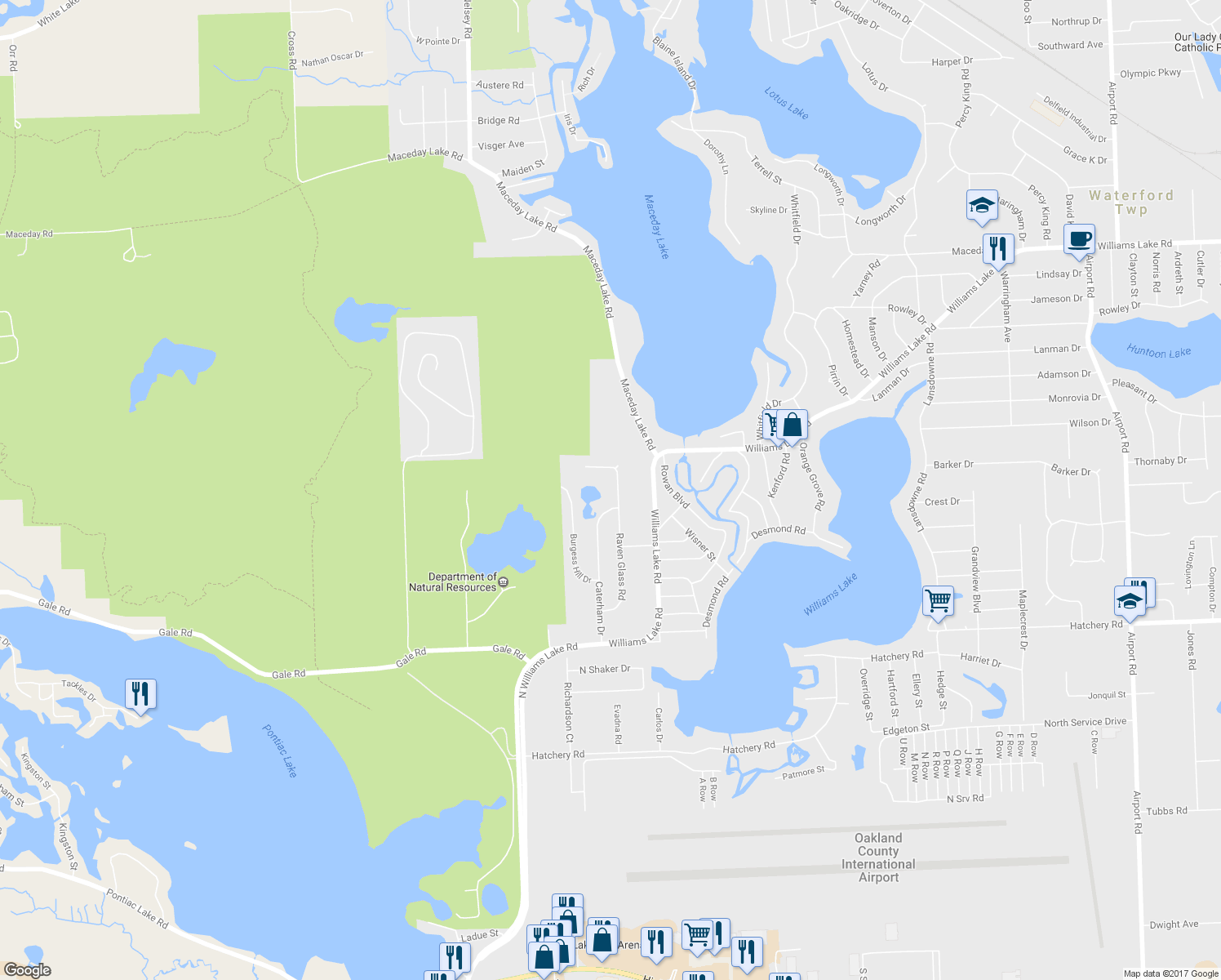 map of restaurants, bars, coffee shops, grocery stores, and more near 2917 Raven Glass Road in Waterford Township
