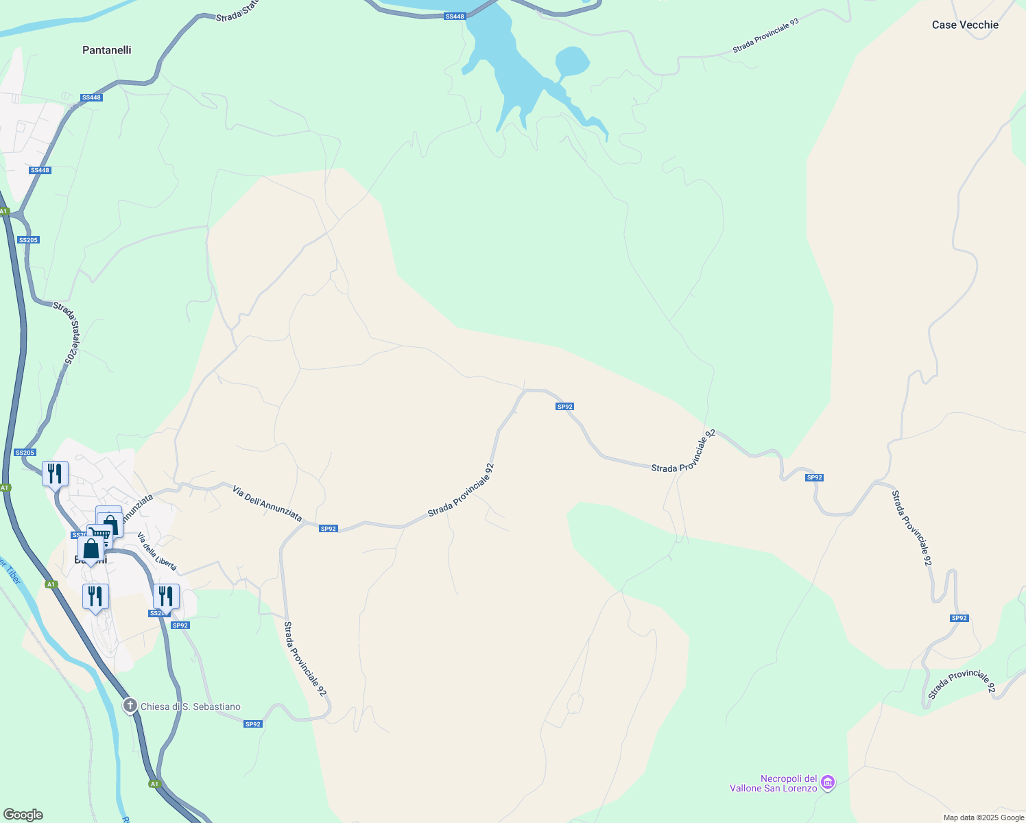 map of restaurants, bars, coffee shops, grocery stores, and more near 95 SP92 in Provincia di Terni
