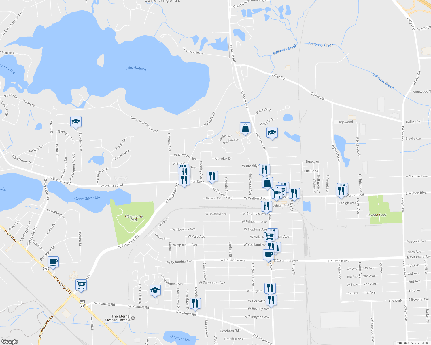 map of restaurants, bars, coffee shops, grocery stores, and more near 220 West Chicago Avenue in Pontiac