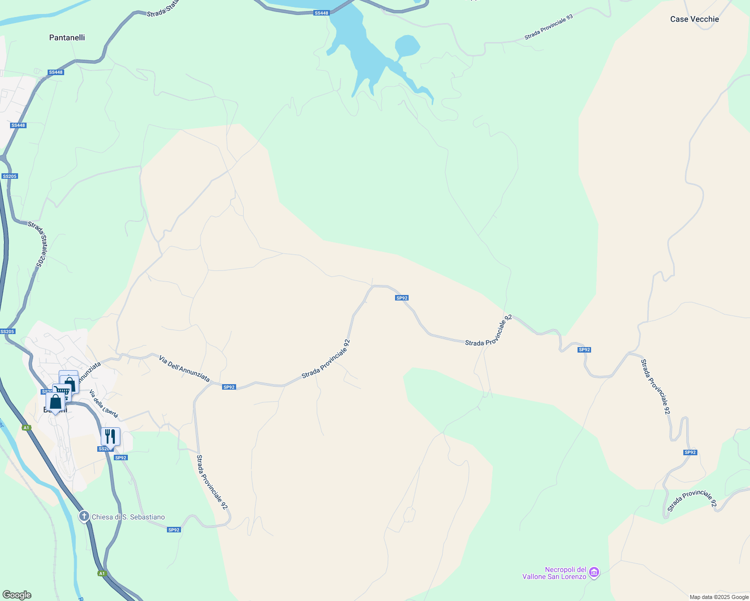 map of restaurants, bars, coffee shops, grocery stores, and more near 95 Strada Provinciale 92 in Provincia di Terni