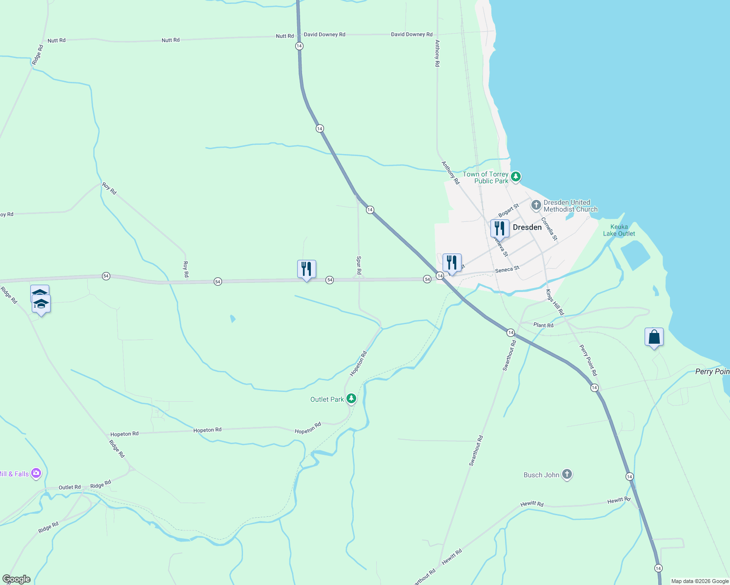 map of restaurants, bars, coffee shops, grocery stores, and more near 939 Hopeton Road in Penn Yan