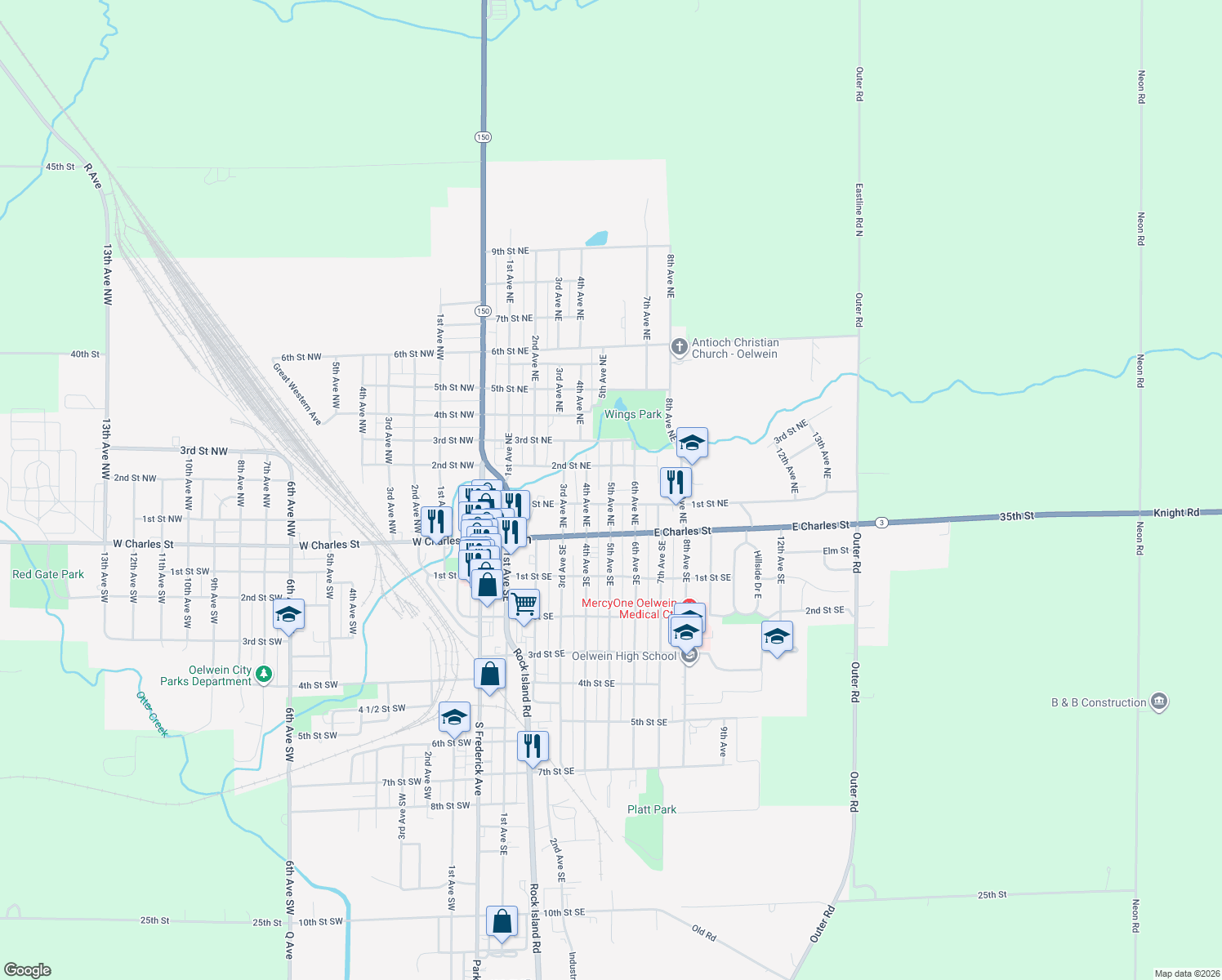 map of restaurants, bars, coffee shops, grocery stores, and more near 137 5th Avenue Northeast in Oelwein