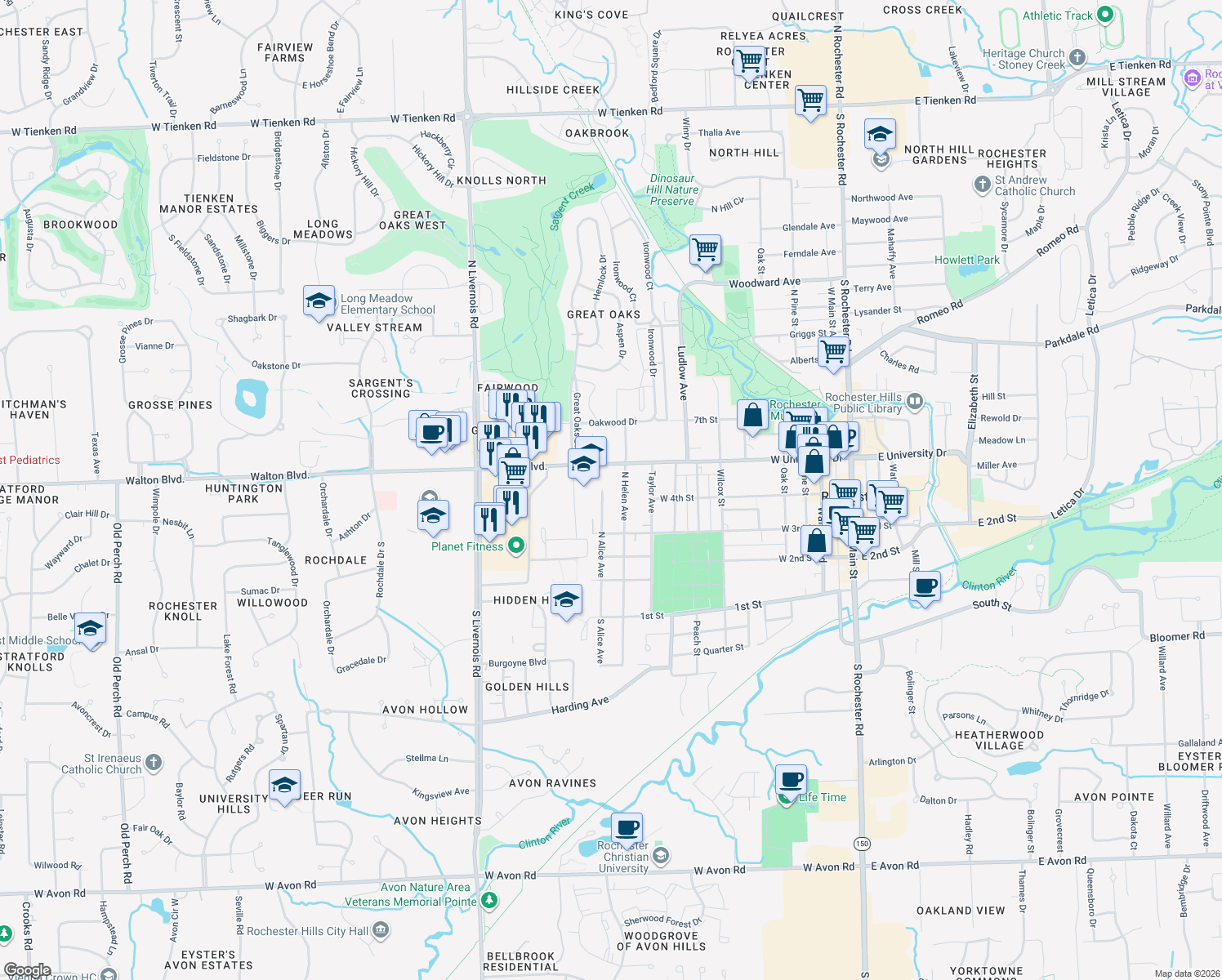 map of restaurants, bars, coffee shops, grocery stores, and more near 414 North Alice Avenue in Rochester