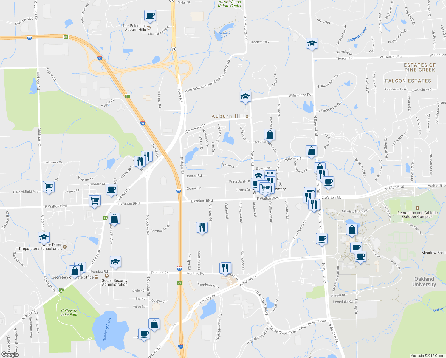 map of restaurants, bars, coffee shops, grocery stores, and more near 2657 Walnut Road in Auburn Hills