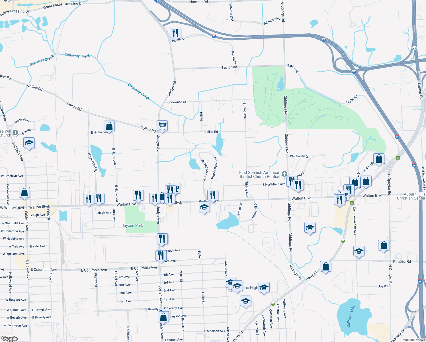 map of restaurants, bars, coffee shops, grocery stores, and more near 1545 Pebble Beach Dr in Pontiac