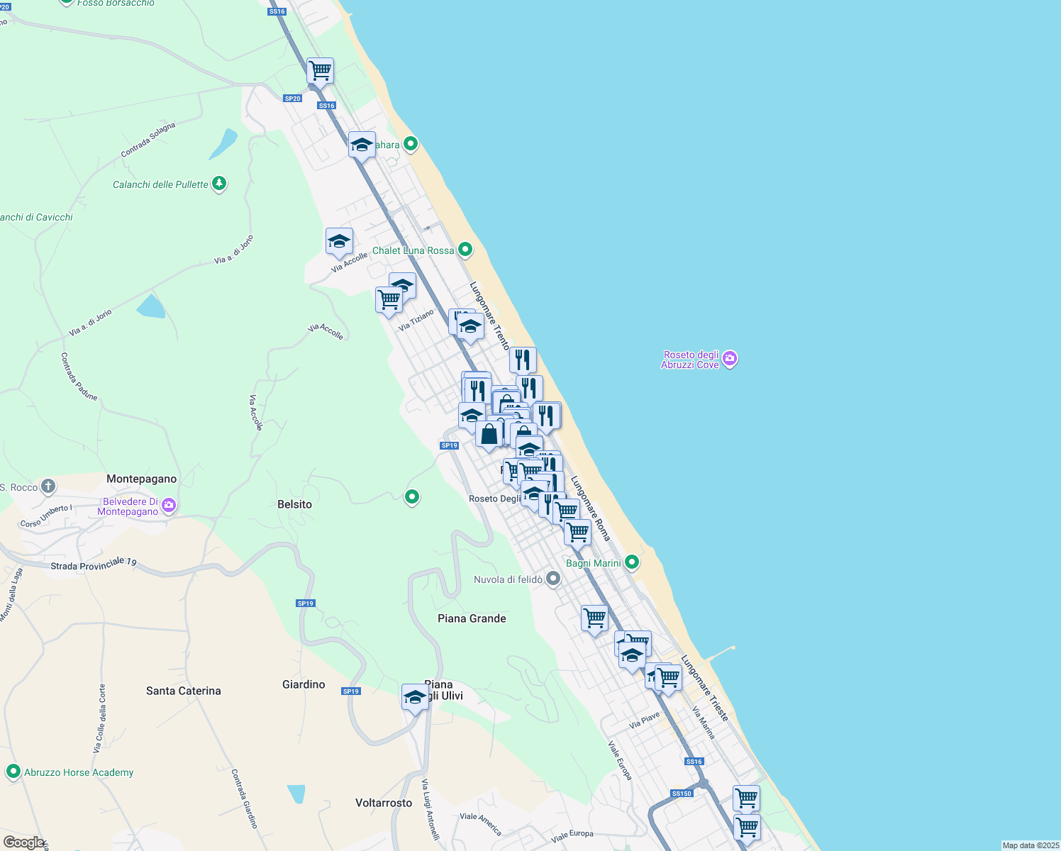 map of restaurants, bars, coffee shops, grocery stores, and more near 8 Via Marsala in Roseto degli Abruzzi