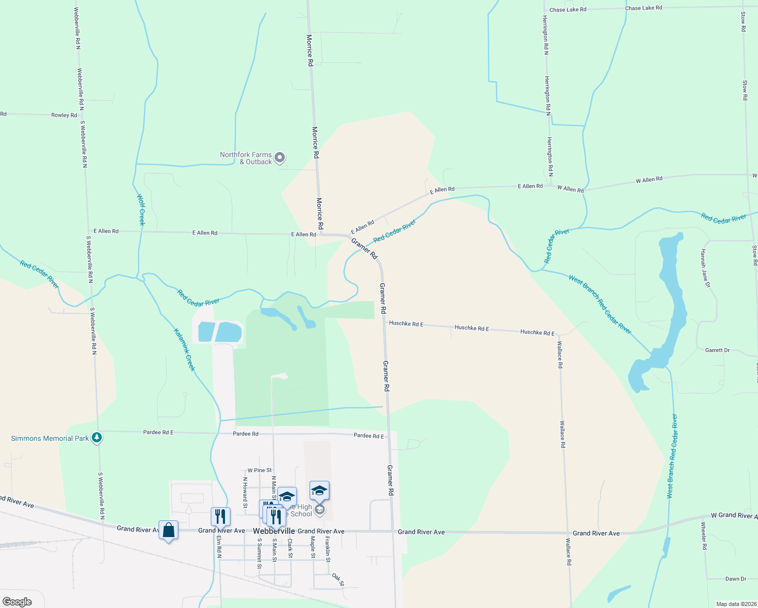 map of restaurants, bars, coffee shops, grocery stores, and more near 3275 Gramer Road in Webberville