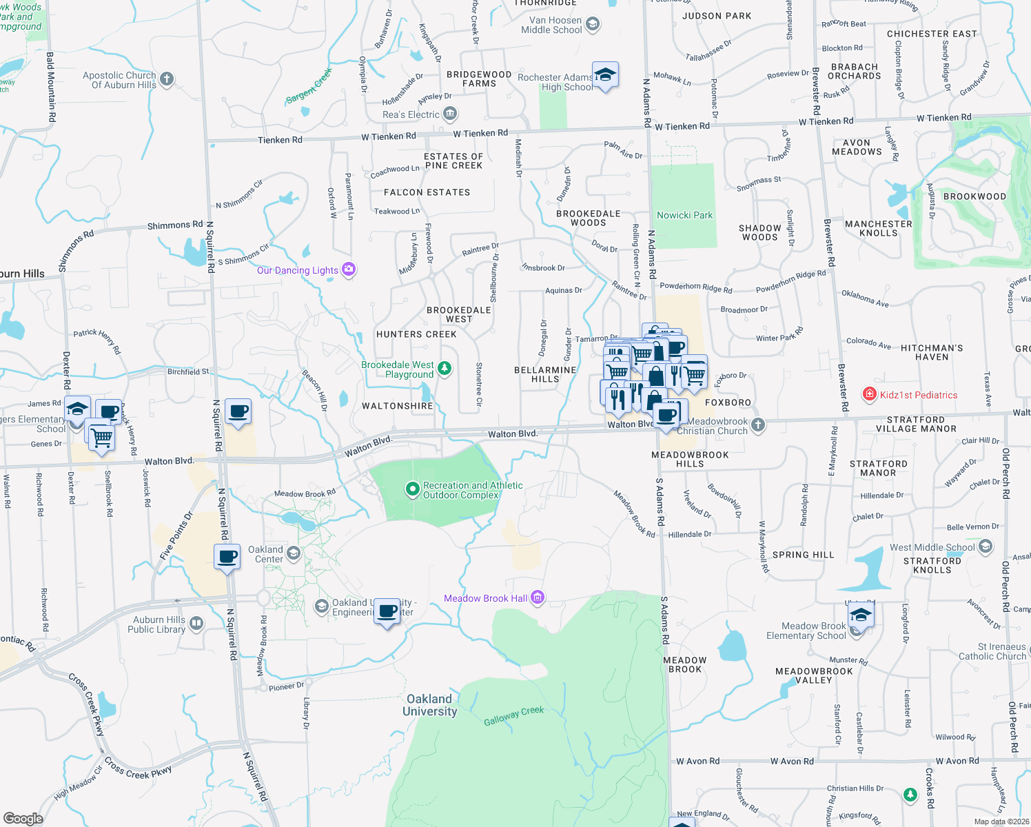 map of restaurants, bars, coffee shops, grocery stores, and more near 37 Bellarmine Dr in Rochester Hills
