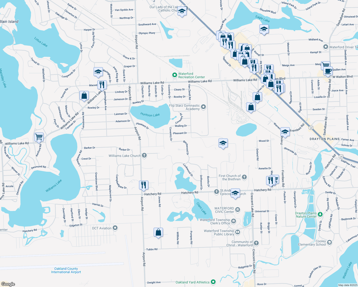 map of restaurants, bars, coffee shops, grocery stores, and more near 2909 Birchwood Dr in Waterford Township