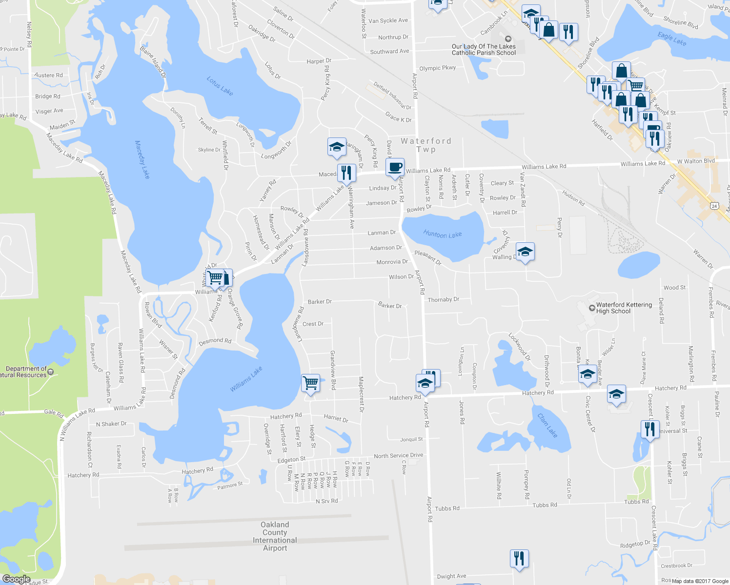 map of restaurants, bars, coffee shops, grocery stores, and more near 6270 Barker Drive in Waterford Township