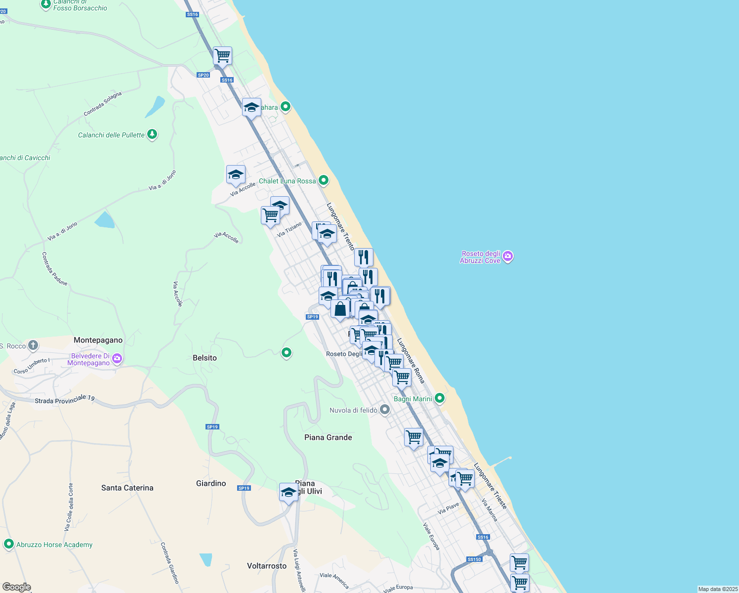map of restaurants, bars, coffee shops, grocery stores, and more near 8 Via Marsala in Roseto degli Abruzzi