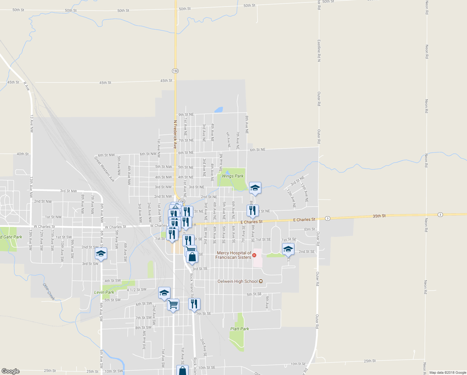 map of restaurants, bars, coffee shops, grocery stores, and more near 3rd Street Northeast in Oelwein