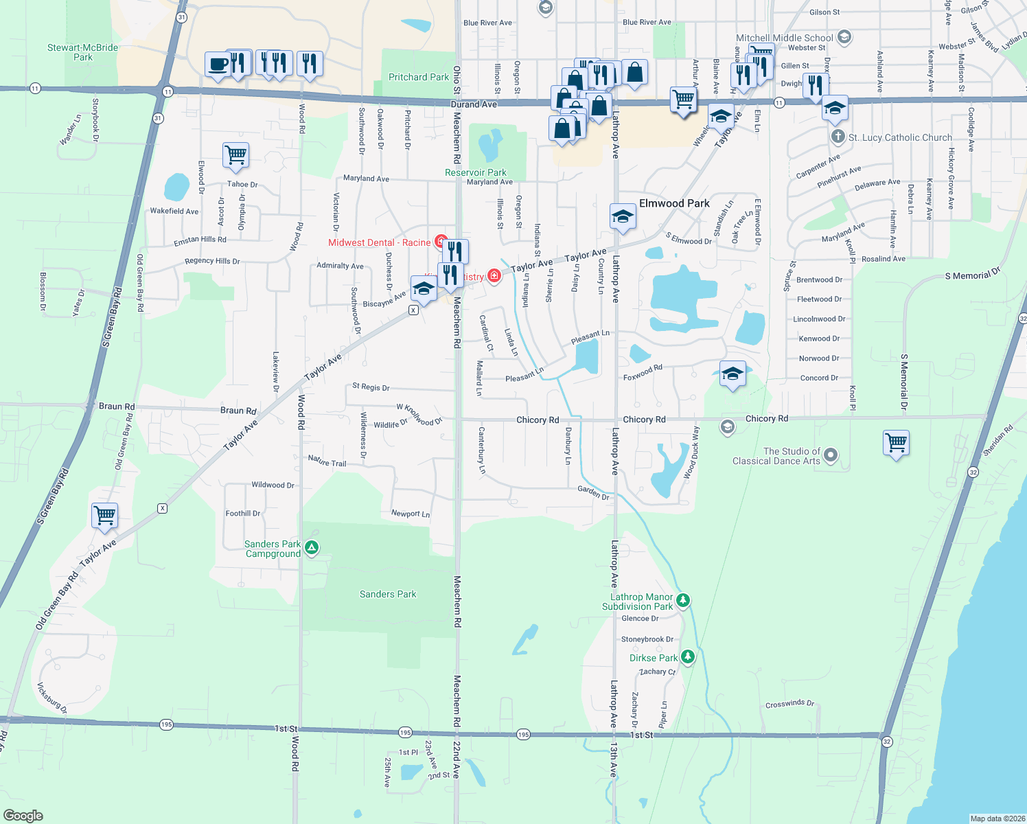 map of restaurants, bars, coffee shops, grocery stores, and more near 4516 Chicory Road in Mount Pleasant