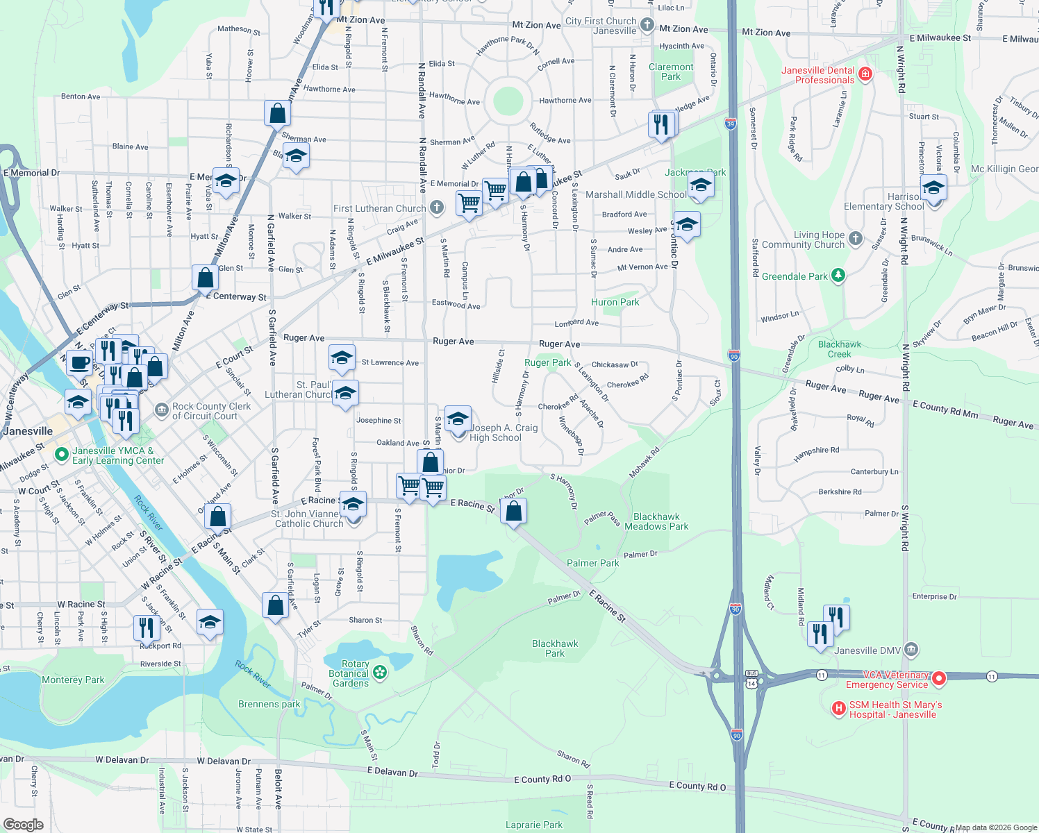 map of restaurants, bars, coffee shops, grocery stores, and more near 325 S Harmony Dr in Janesville