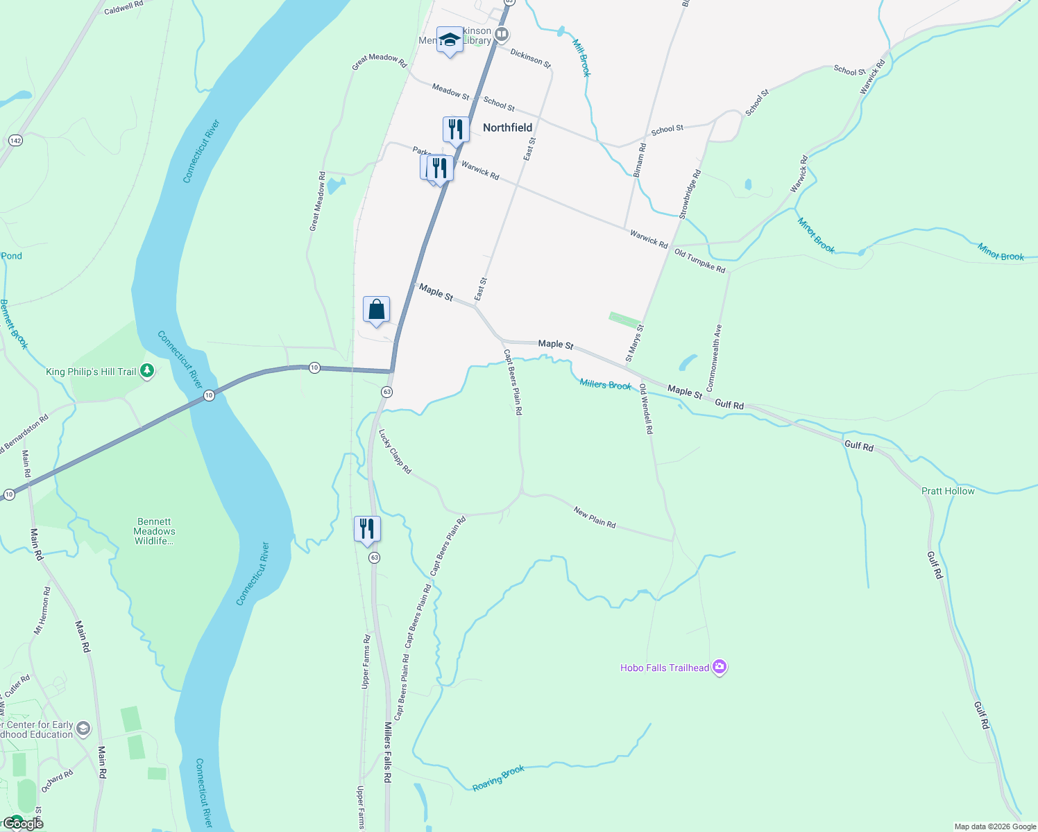 map of restaurants, bars, coffee shops, grocery stores, and more near 246 Capt Beers Plain Road in Northfield
