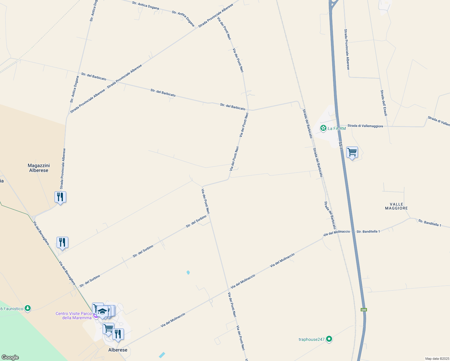 map of restaurants, bars, coffee shops, grocery stores, and more near Via dei Ponti Neri in Provincia di Grosseto