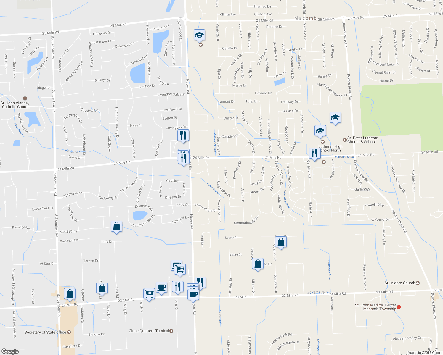 map of restaurants, bars, coffee shops, grocery stores, and more near 52691 Stag Ridge Drive in Macomb