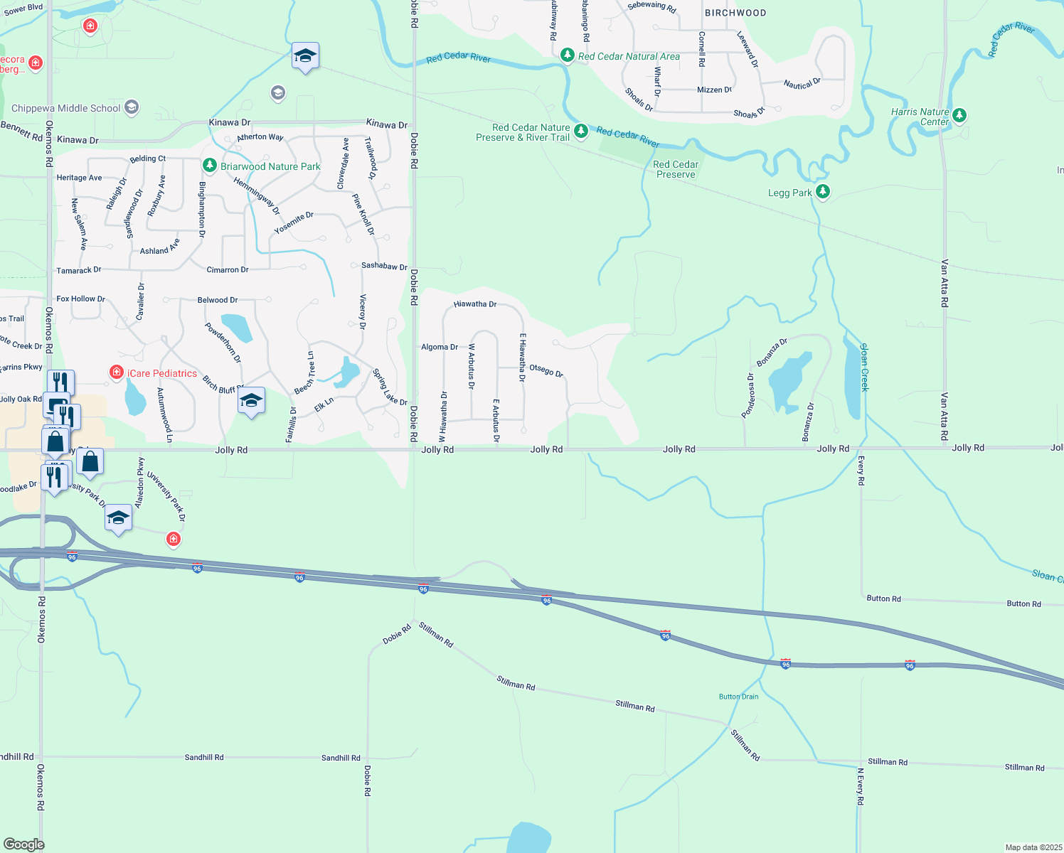 map of restaurants, bars, coffee shops, grocery stores, and more near 3542 E Hiawatha Dr in Meridian Charter Township