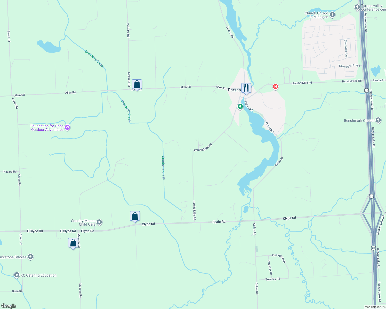 map of restaurants, bars, coffee shops, grocery stores, and more near 8295 Parshallville Road in Fenton