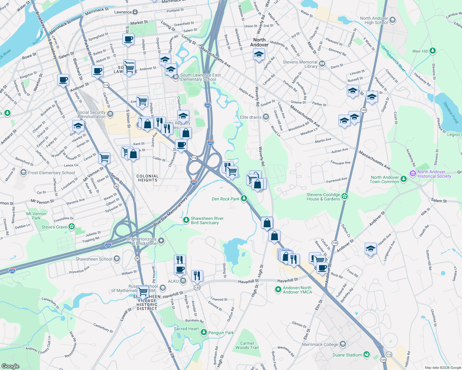 map of restaurants, bars, coffee shops, grocery stores, and more near 1 Parker Street in Lawrence