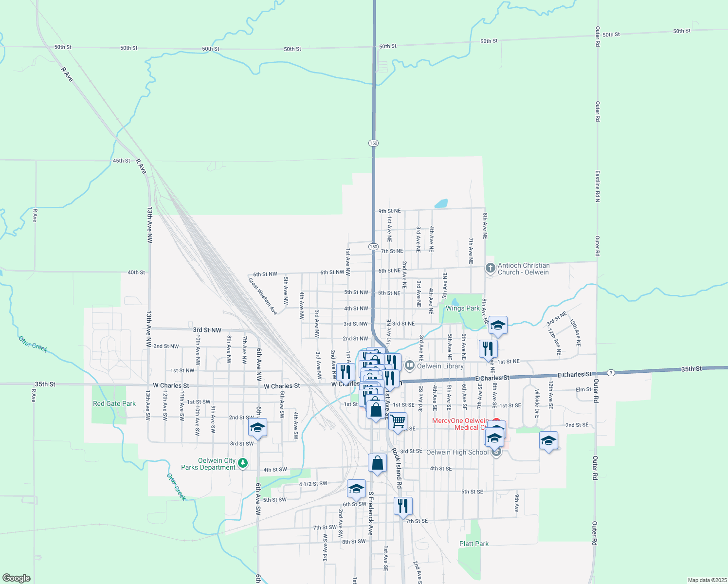 map of restaurants, bars, coffee shops, grocery stores, and more near 16 5th Street Northwest in Oelwein