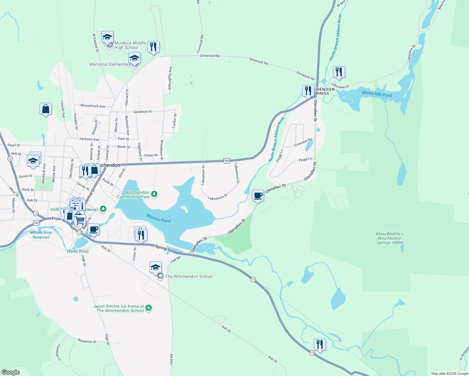 map of restaurants, bars, coffee shops, grocery stores, and more near 60 Lakeshore Drive in Winchendon