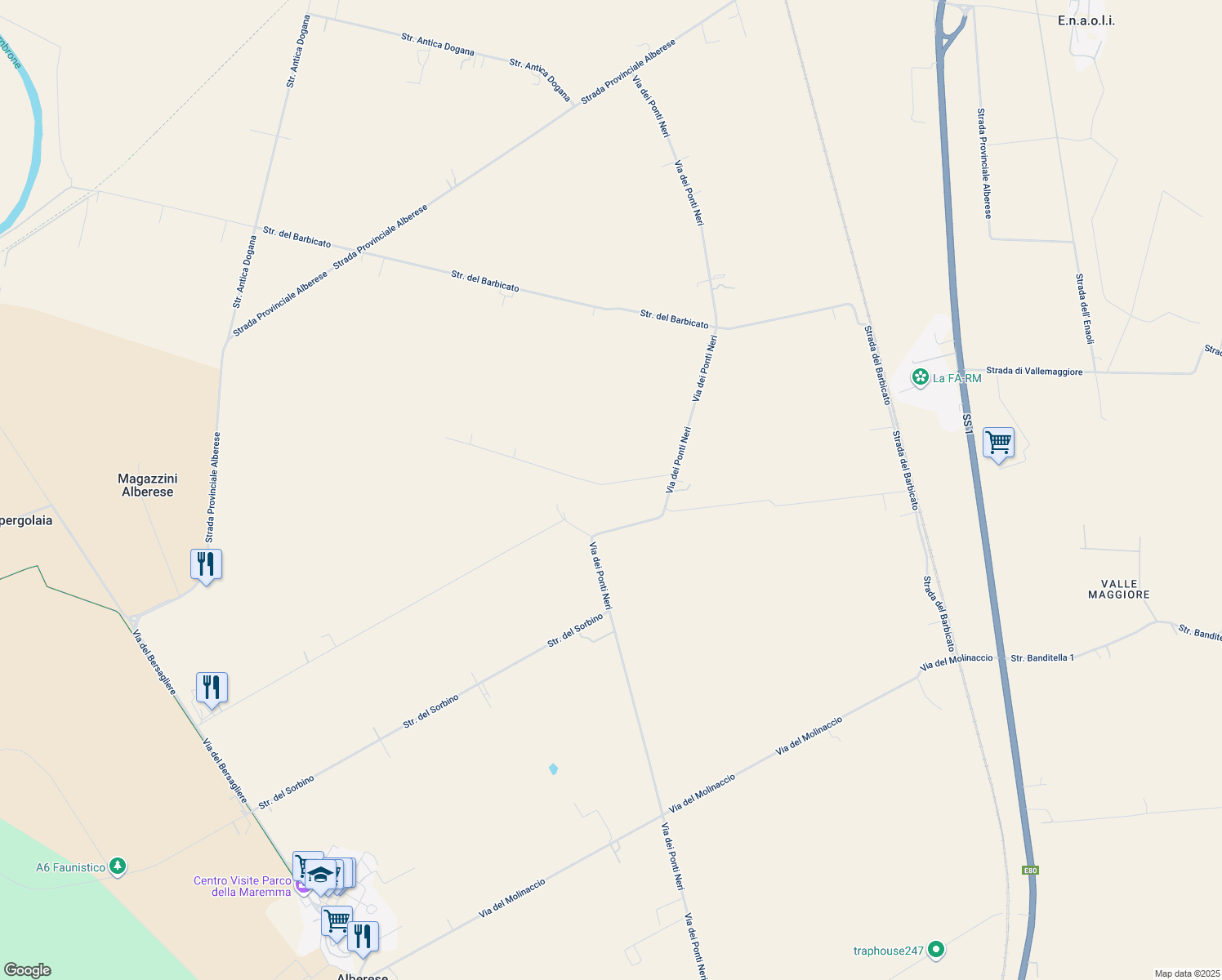map of restaurants, bars, coffee shops, grocery stores, and more near in Province of Grosseto