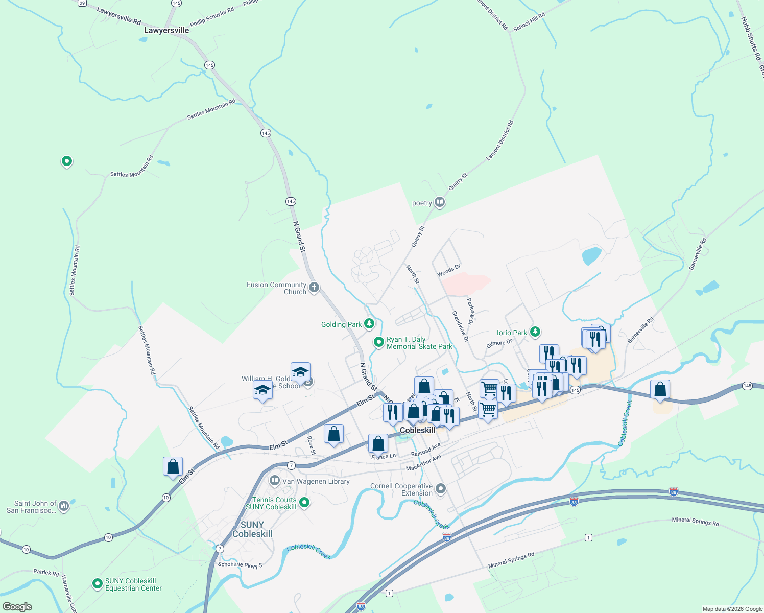 map of restaurants, bars, coffee shops, grocery stores, and more near 150 Quarry St in Cobleskill
