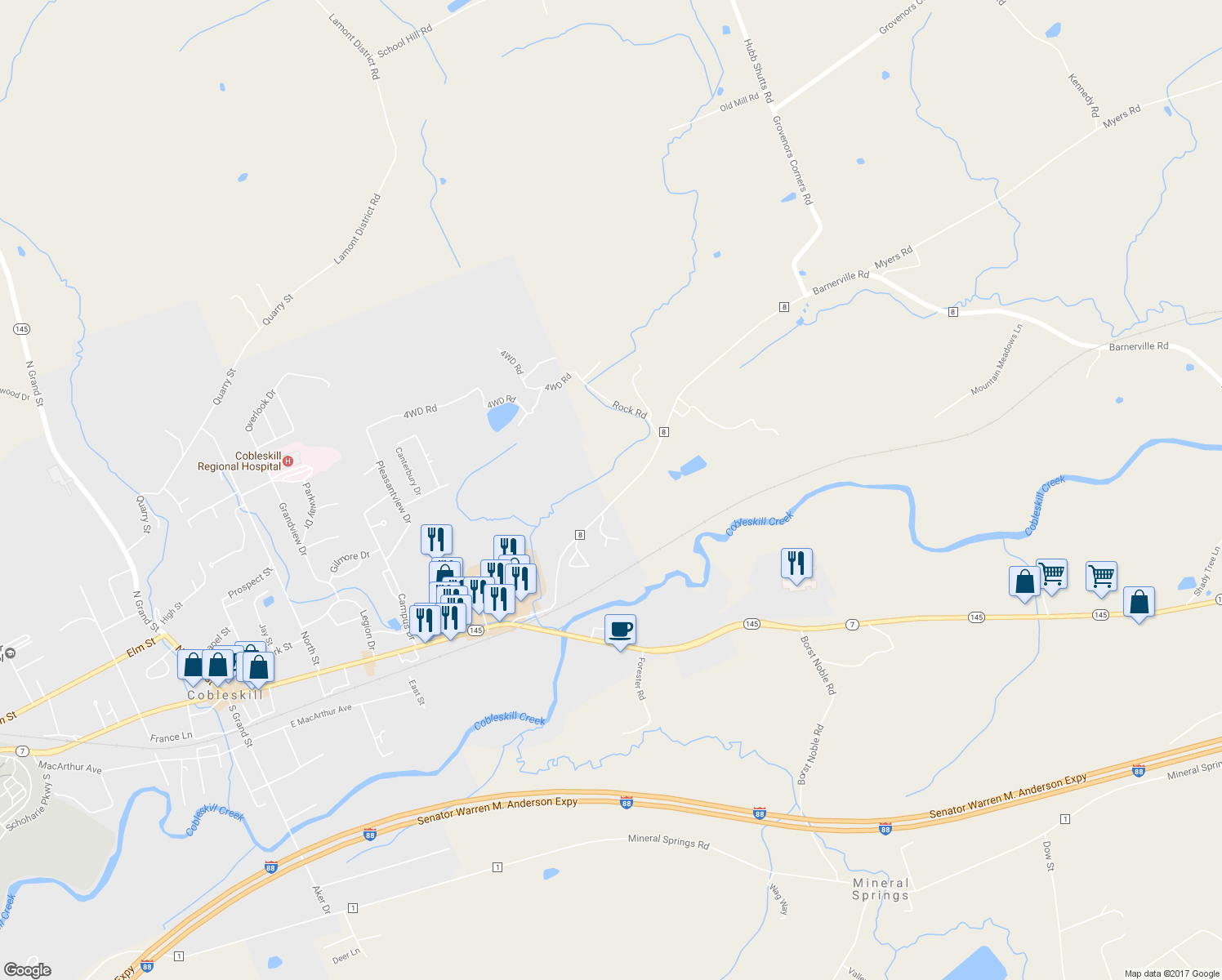 map of restaurants, bars, coffee shops, grocery stores, and more near 195 Barnerville Road in Cobleskill