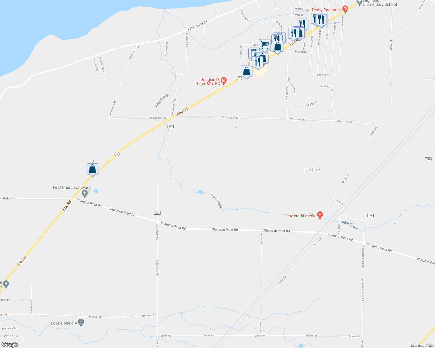 map of restaurants, bars, coffee shops, grocery stores, and more near 1290 Sturgeon Point Road in Derby