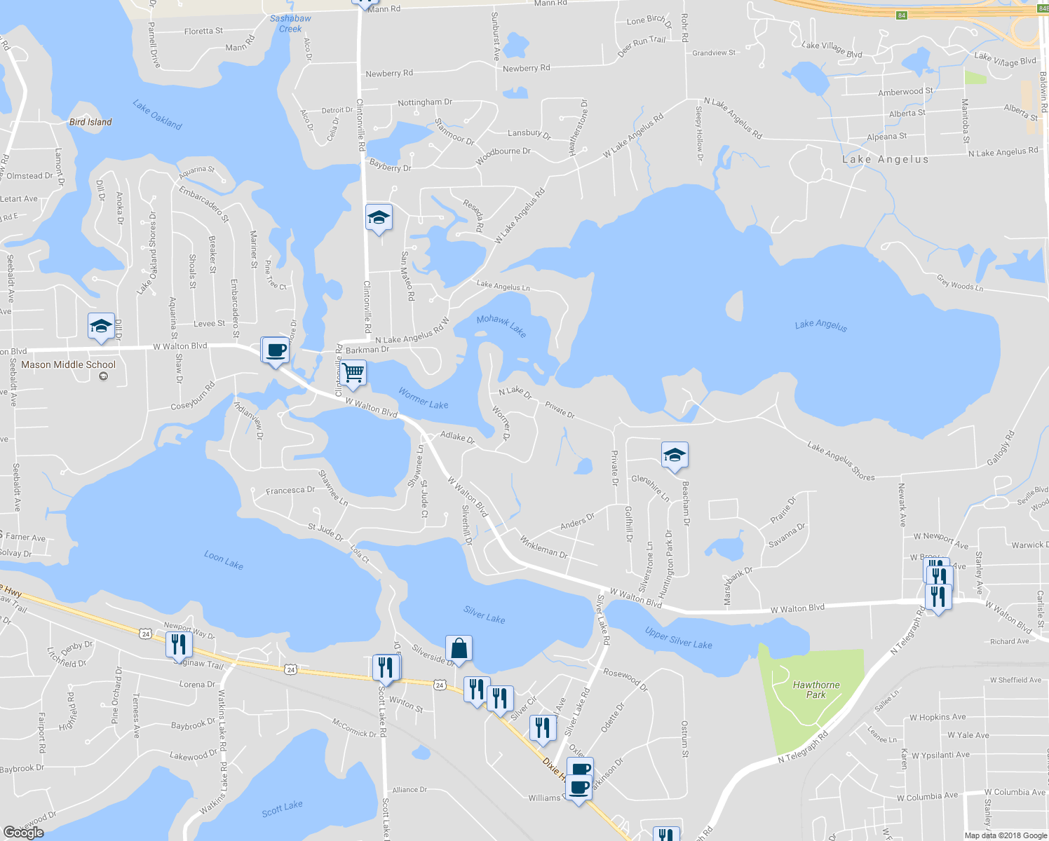 map of restaurants, bars, coffee shops, grocery stores, and more near 2721 Merelus Dr in Waterford Township