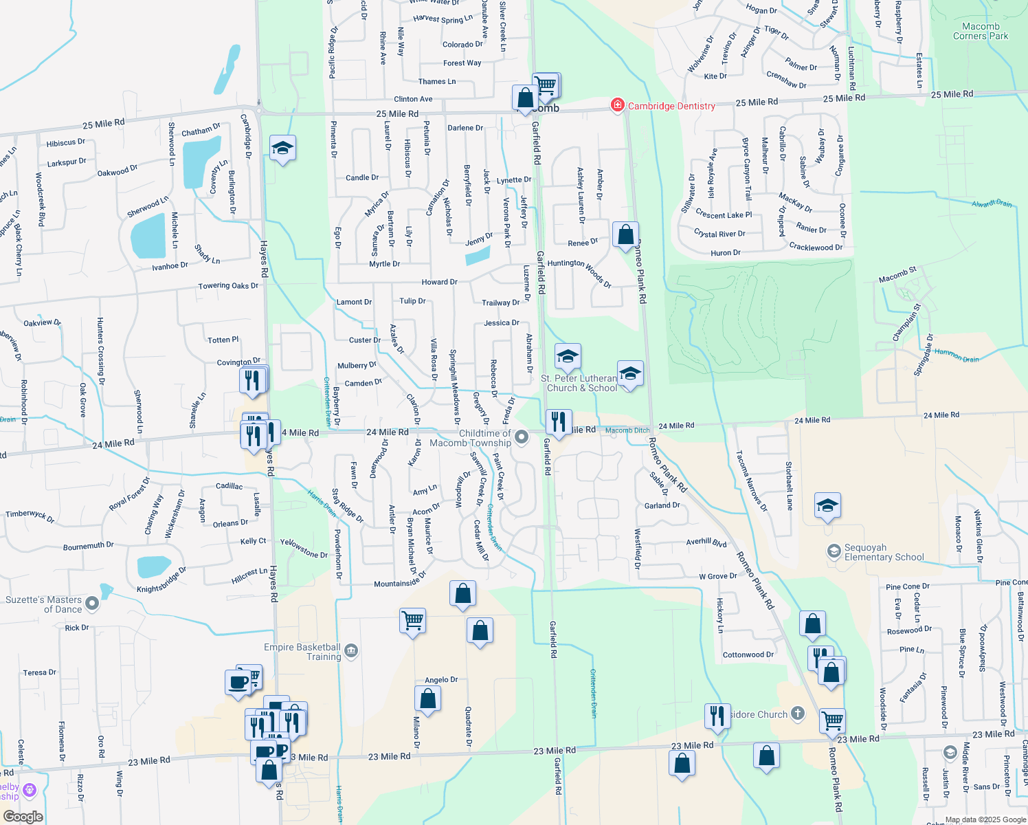 map of restaurants, bars, coffee shops, grocery stores, and more near 53076 Freda Dr in Macomb