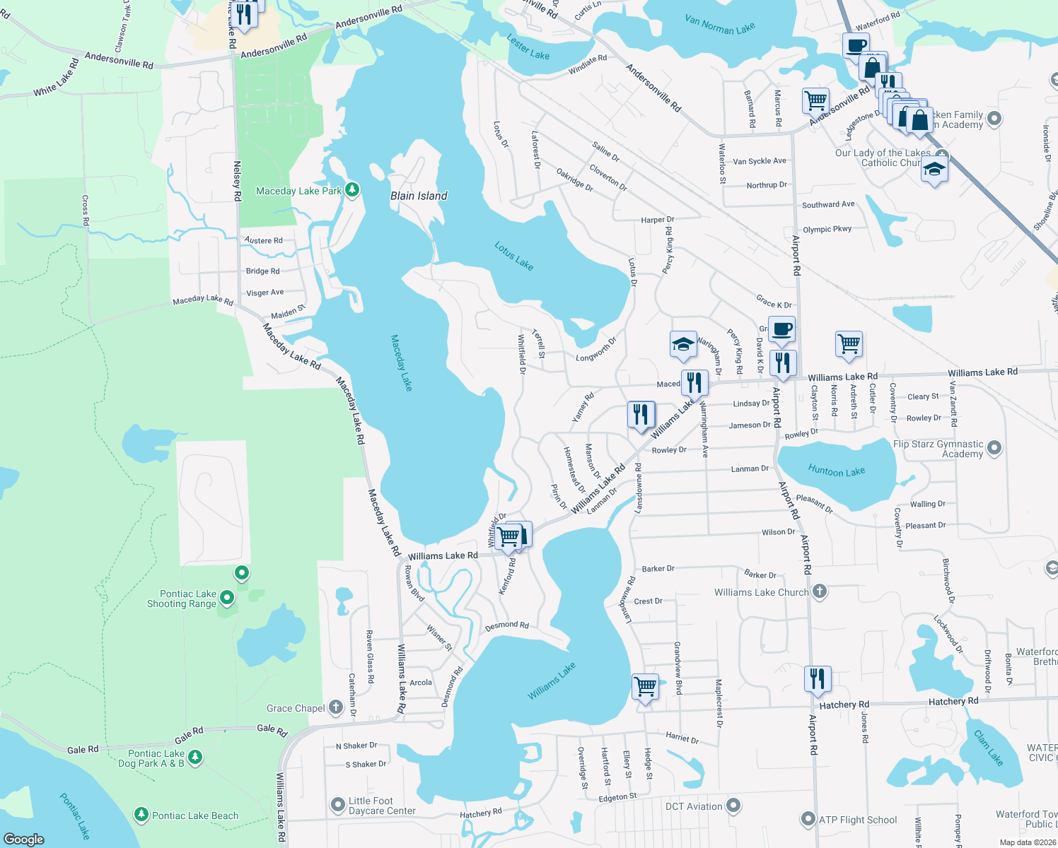 map of restaurants, bars, coffee shops, grocery stores, and more near 3400 Whitfield Drive in Waterford Township