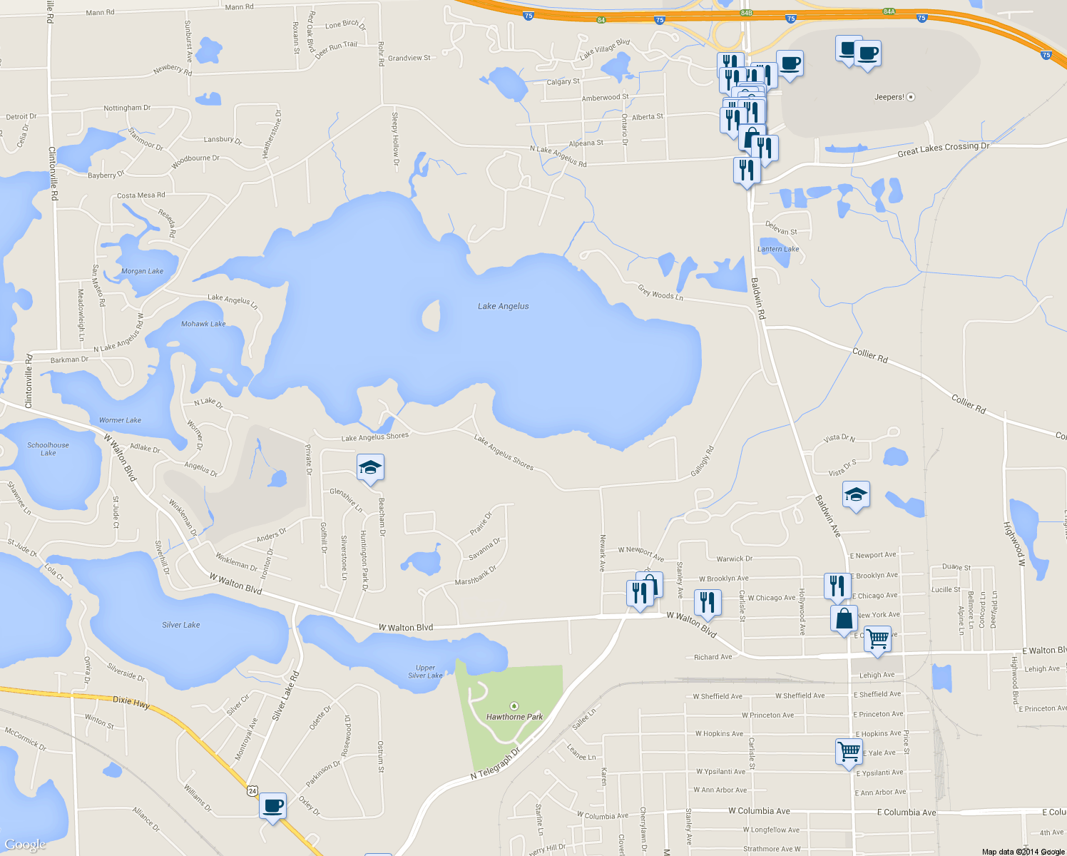 map of restaurants, bars, coffee shops, grocery stores, and more near 900 Lake Angelus Shores in Lake Angelus