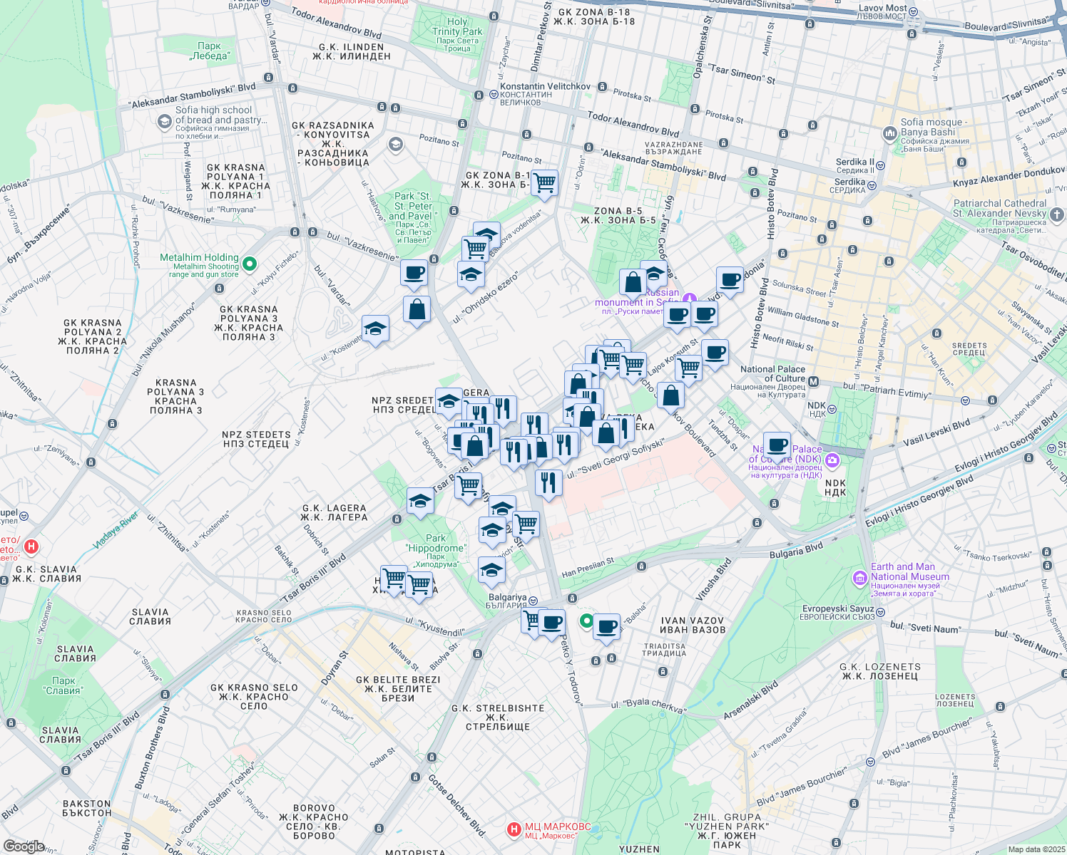 map of restaurants, bars, coffee shops, grocery stores, and more near 89 bulevard "General Eduard I. Totleben" in Sofia