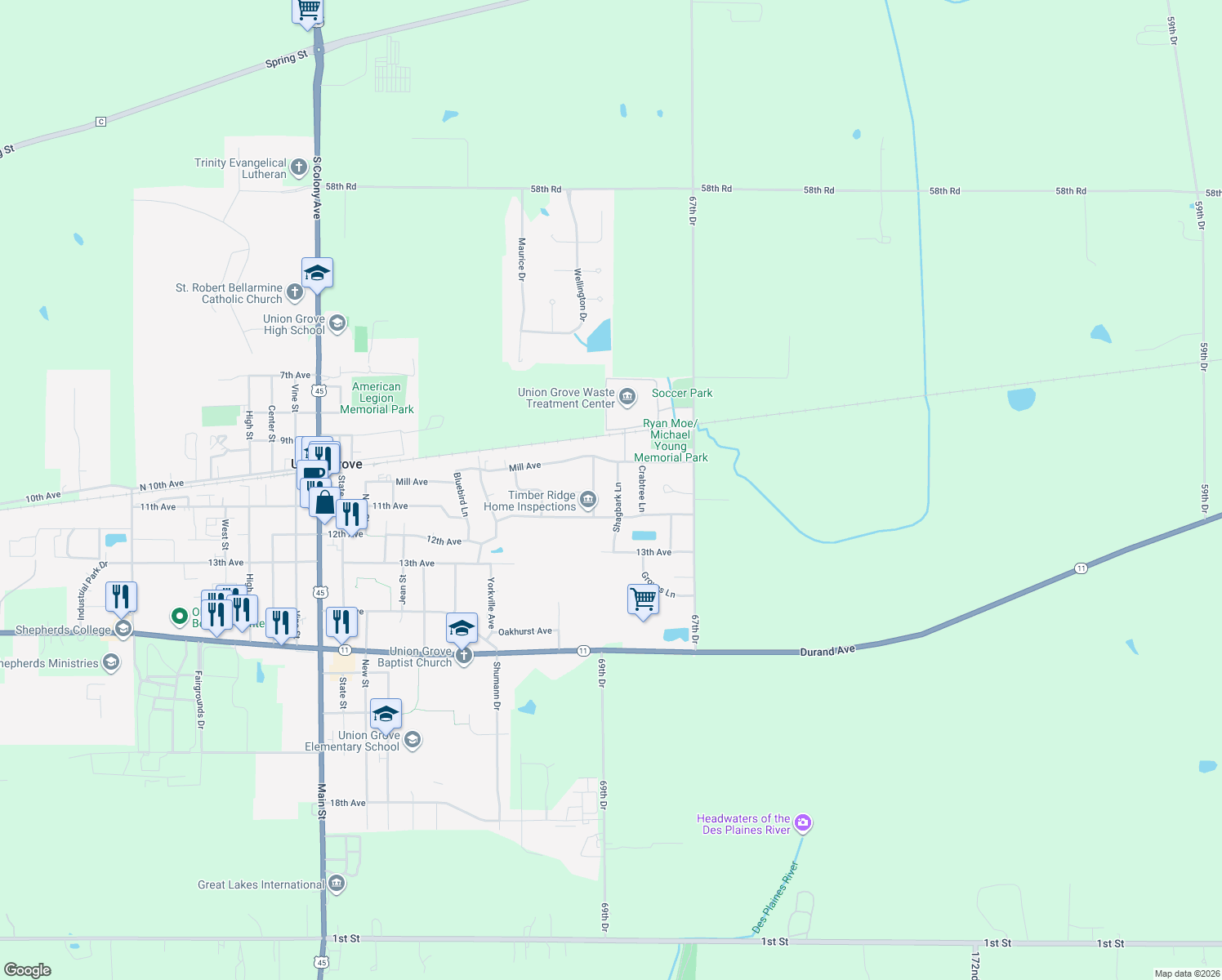 map of restaurants, bars, coffee shops, grocery stores, and more near 1048 Shagbark Ln in Union Grove