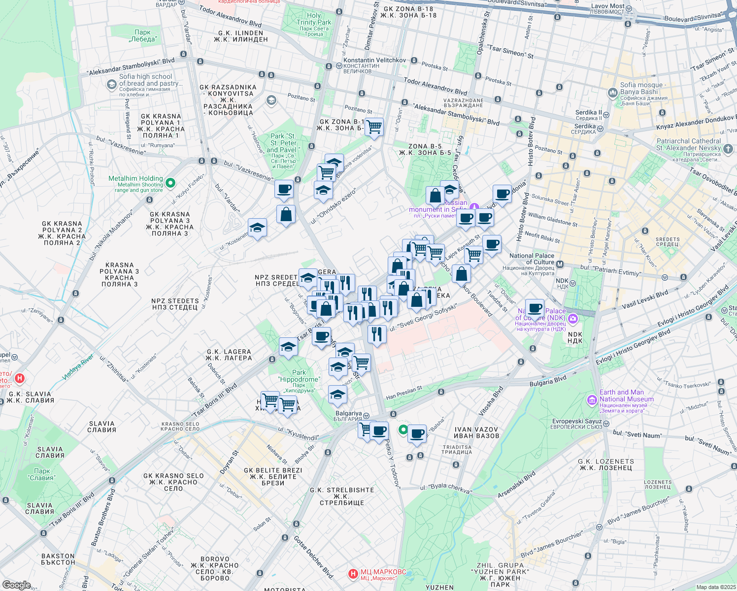 map of restaurants, bars, coffee shops, grocery stores, and more near 89 Bulevard General Eduard I. Totleben in Sofia