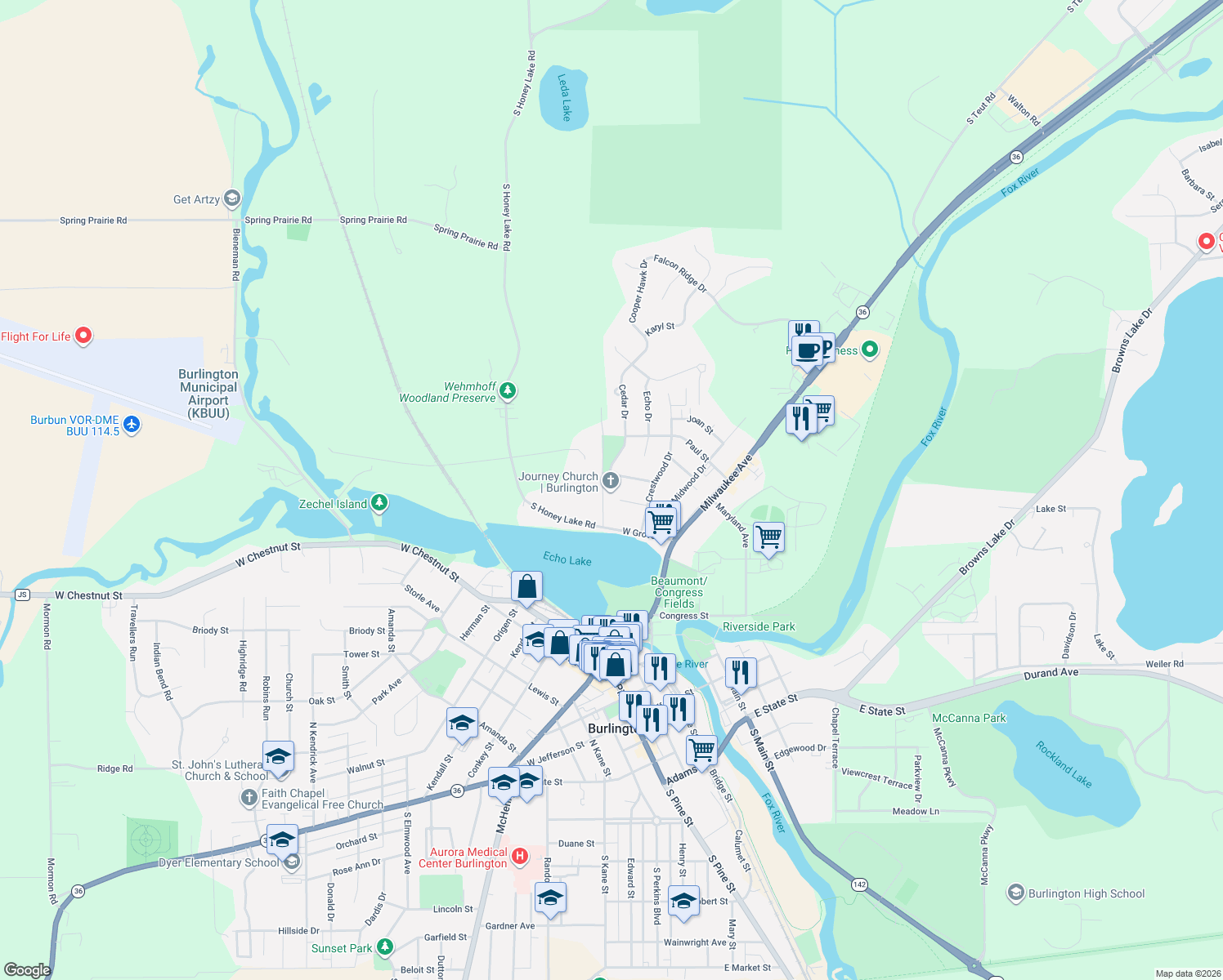 map of restaurants, bars, coffee shops, grocery stores, and more near 740 Center St in Burlington