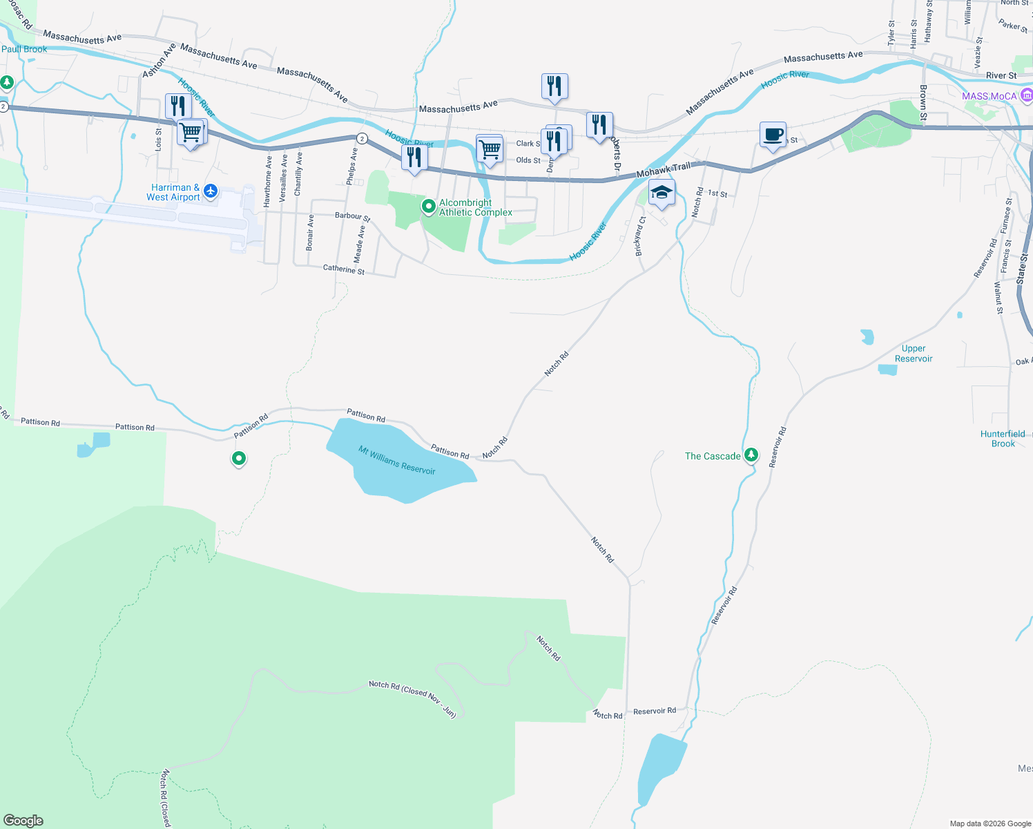 map of restaurants, bars, coffee shops, grocery stores, and more near 441 Notch Road in North Adams