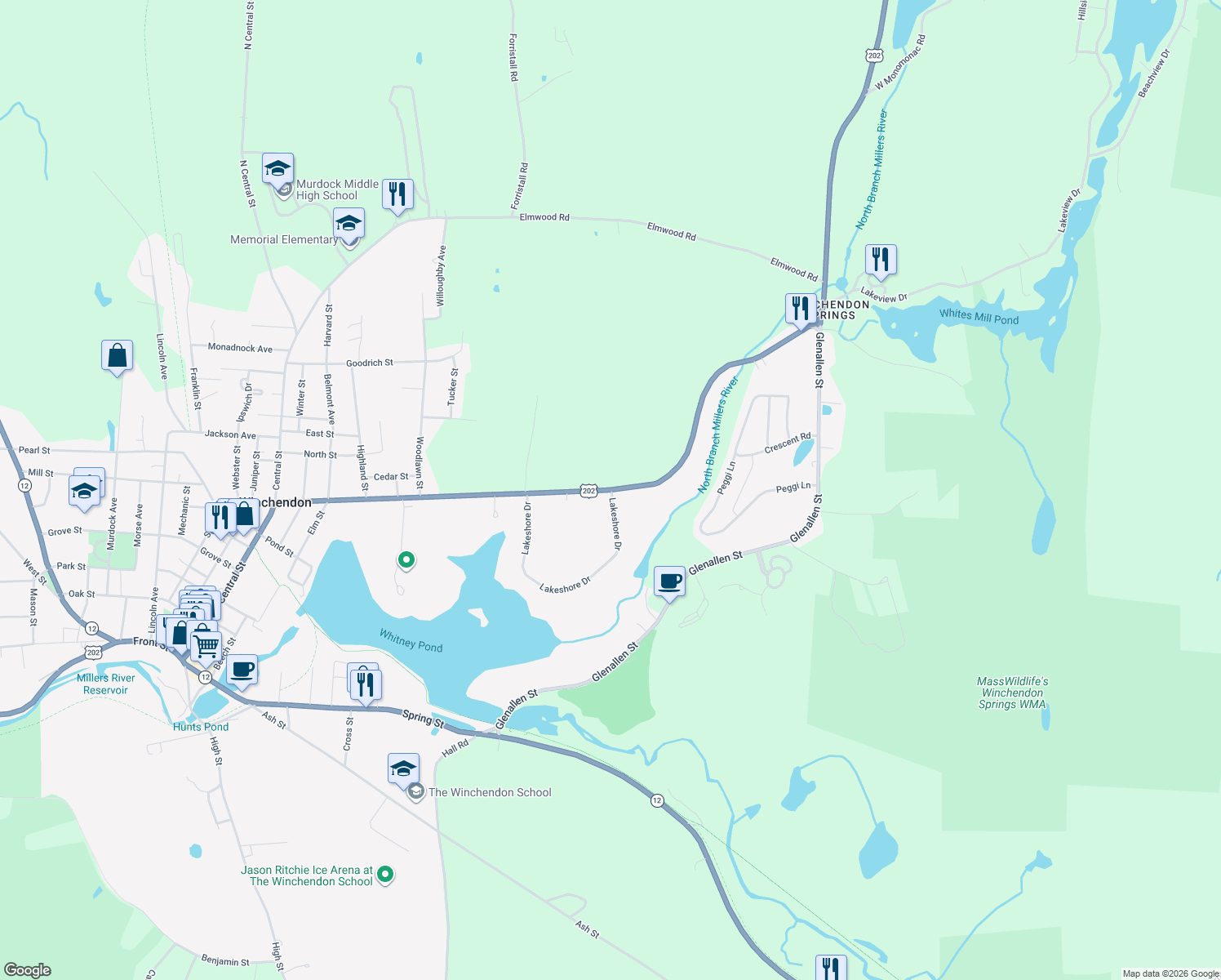 map of restaurants, bars, coffee shops, grocery stores, and more near 398 Maple Street in Winchendon