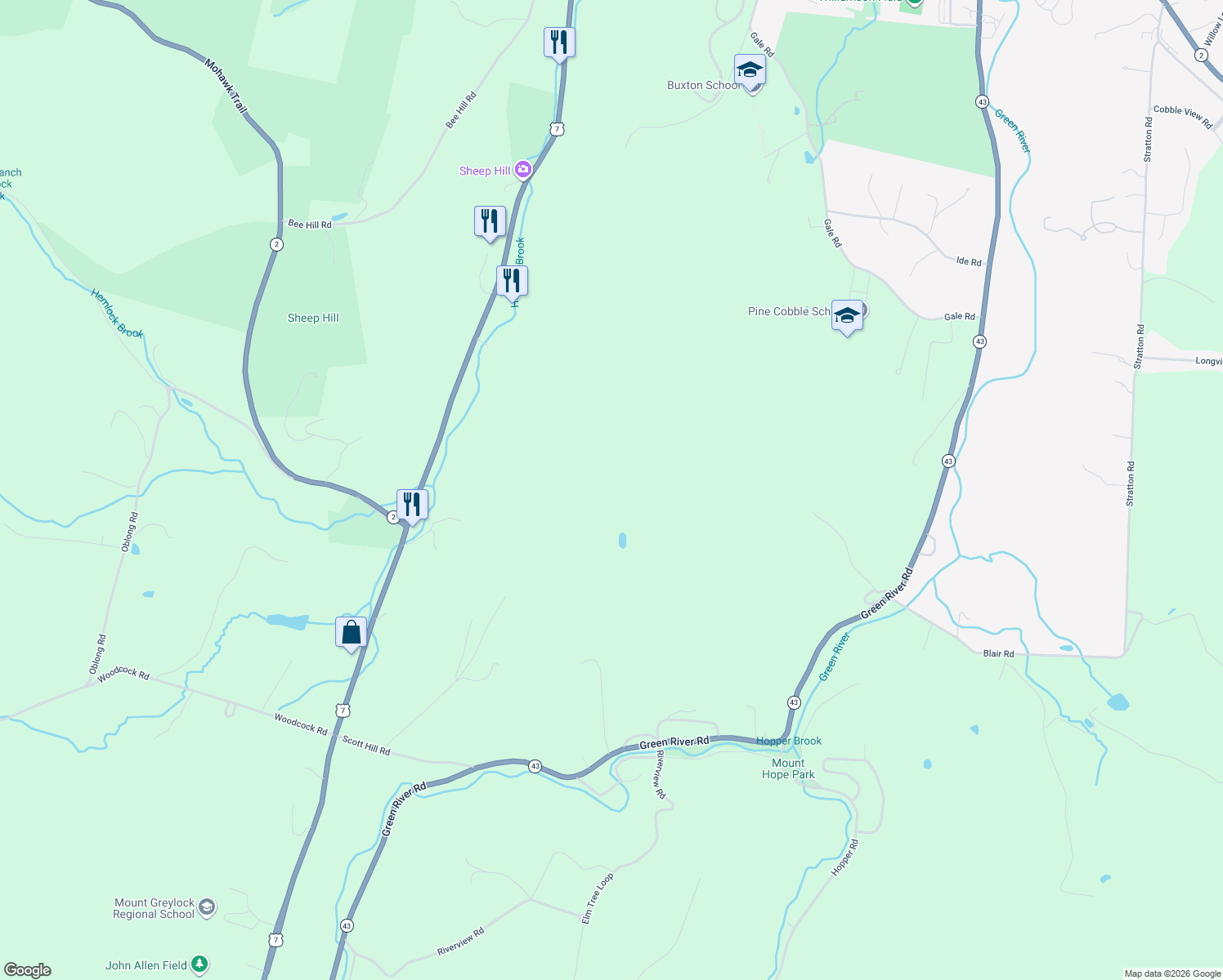 map of restaurants, bars, coffee shops, grocery stores, and more near 1031 Green River Road in Williamstown
