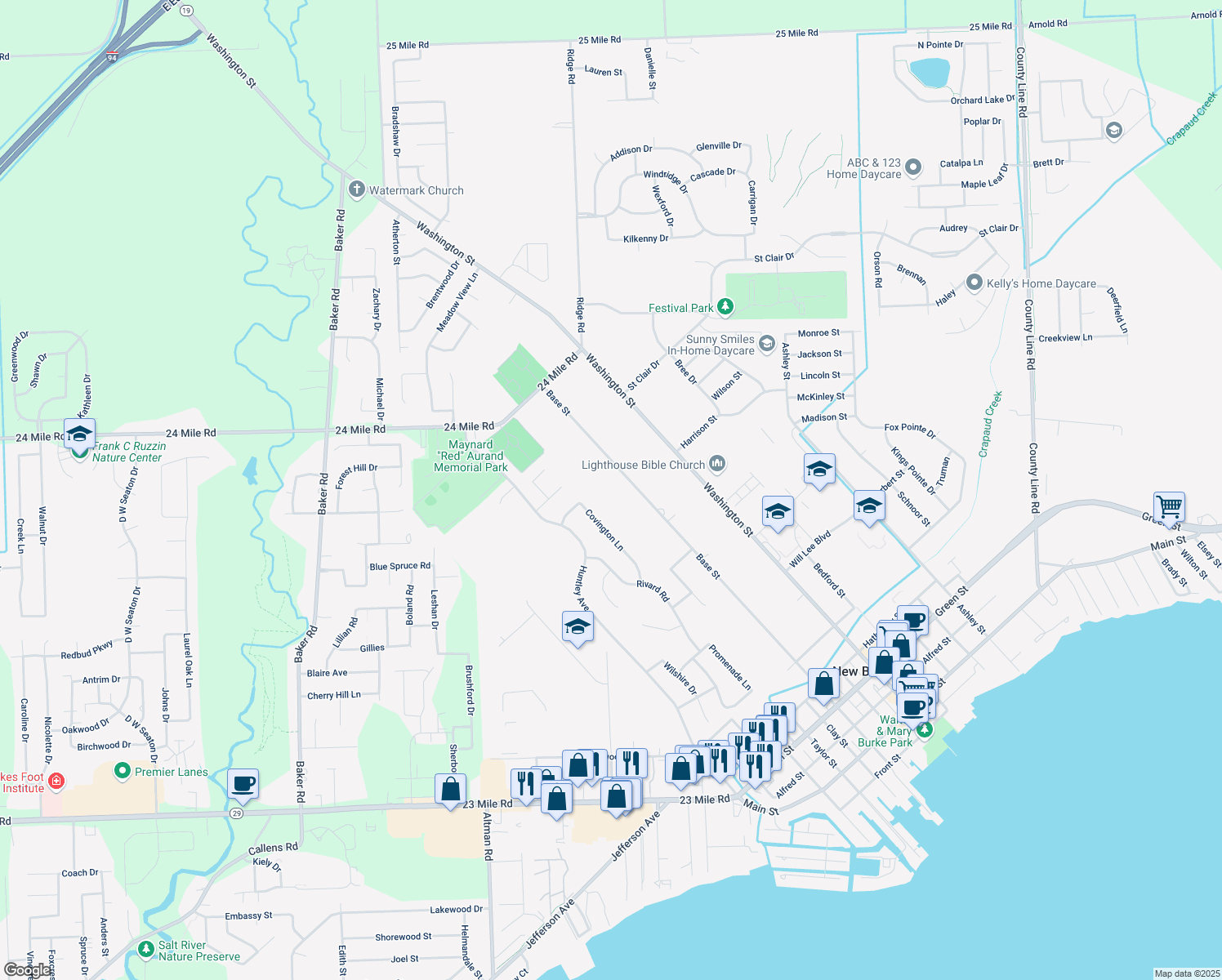 map of restaurants, bars, coffee shops, grocery stores, and more near 52421 Base Street in New Baltimore
