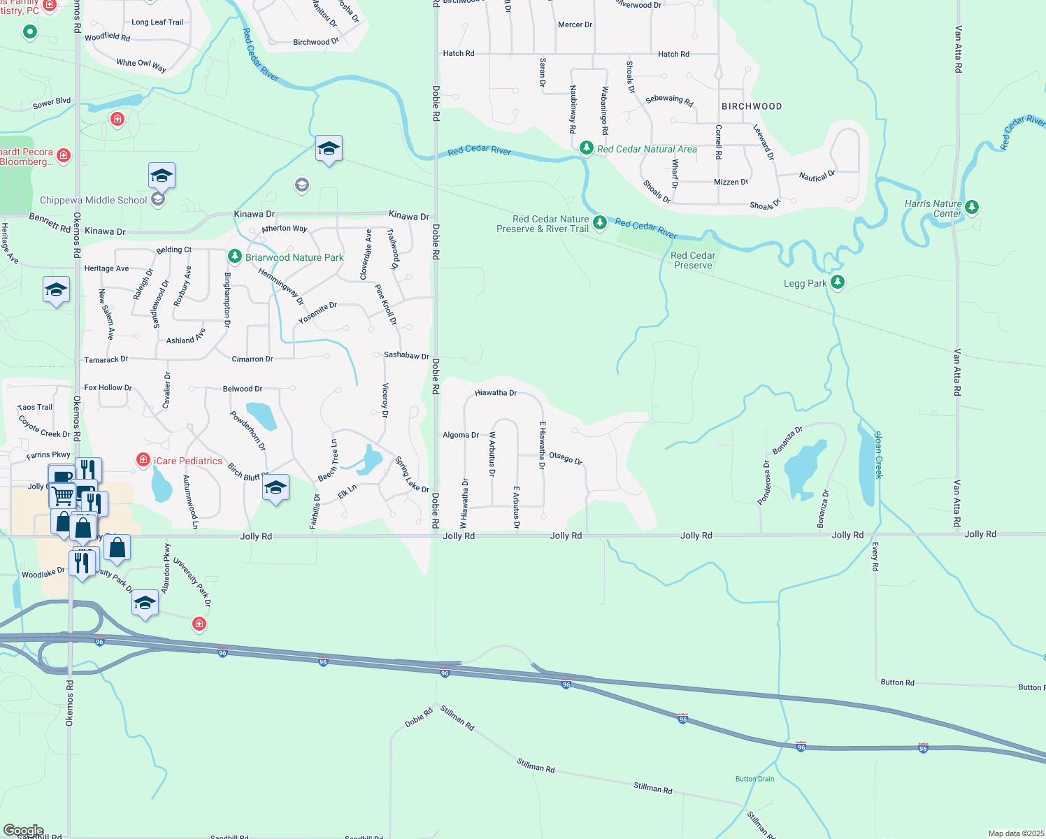 map of restaurants, bars, coffee shops, grocery stores, and more near 3640 East Arbutus Drive in Meridian Charter Township