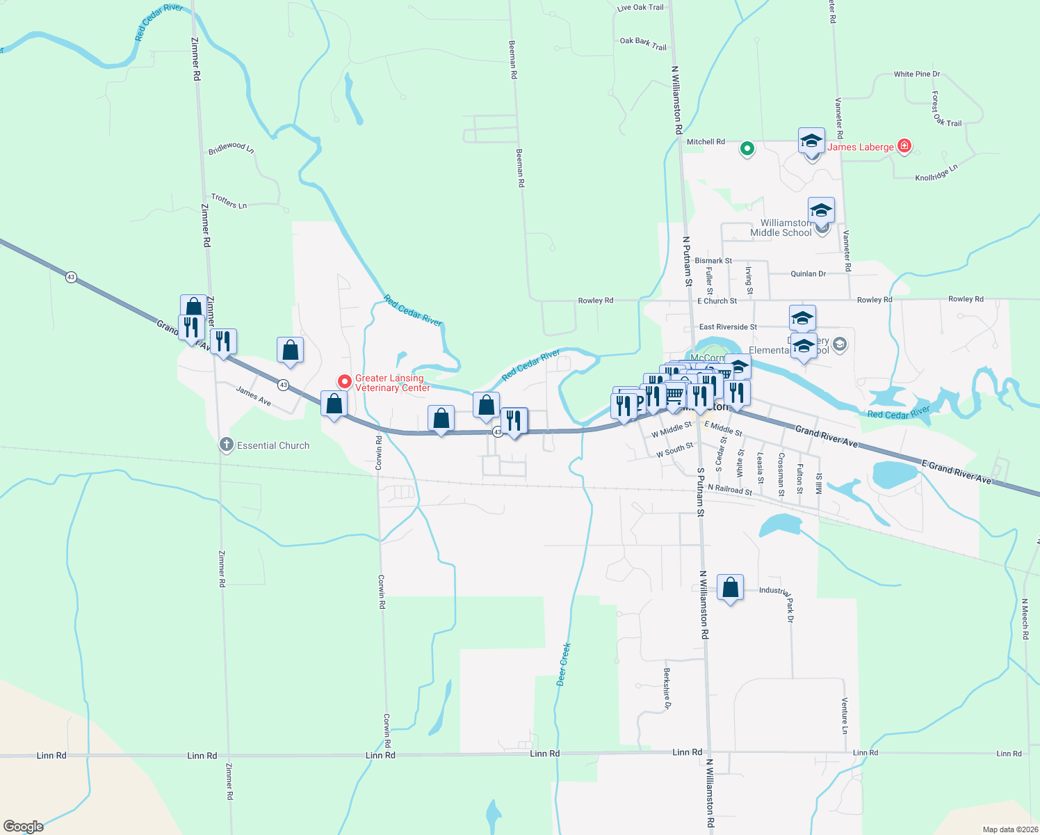 map of restaurants, bars, coffee shops, grocery stores, and more near 715 Williams St in Williamston