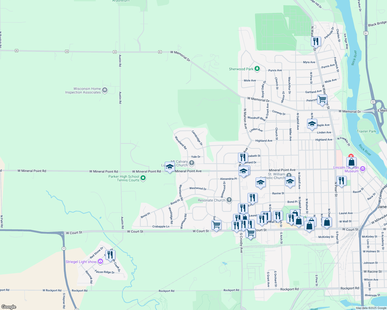 map of restaurants, bars, coffee shops, grocery stores, and more near 2938 Yale Drive in Janesville