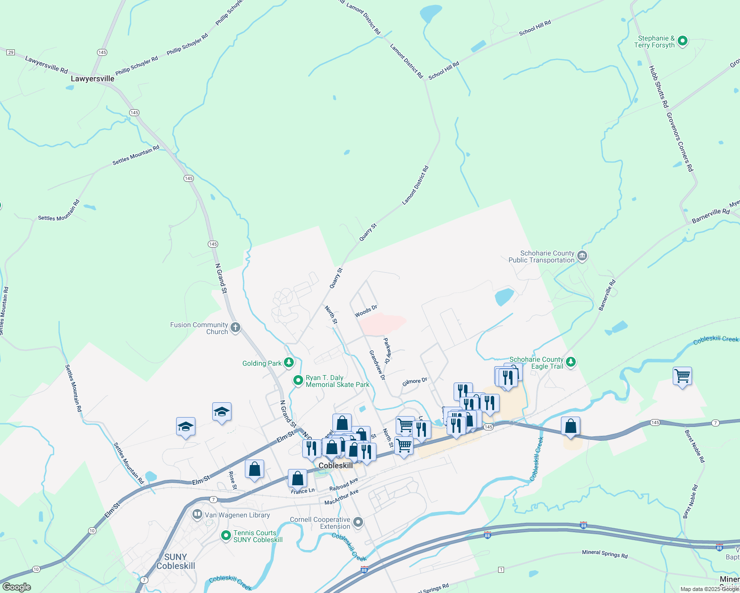 map of restaurants, bars, coffee shops, grocery stores, and more near 109 Van Deusen Road in Cobleskill