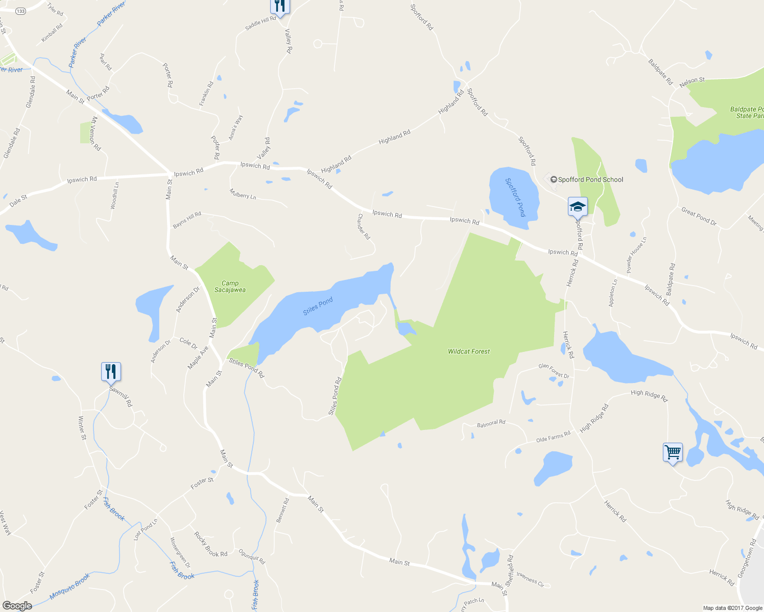 map of restaurants, bars, coffee shops, grocery stores, and more near 114 Stiles Pond Road in Boxford